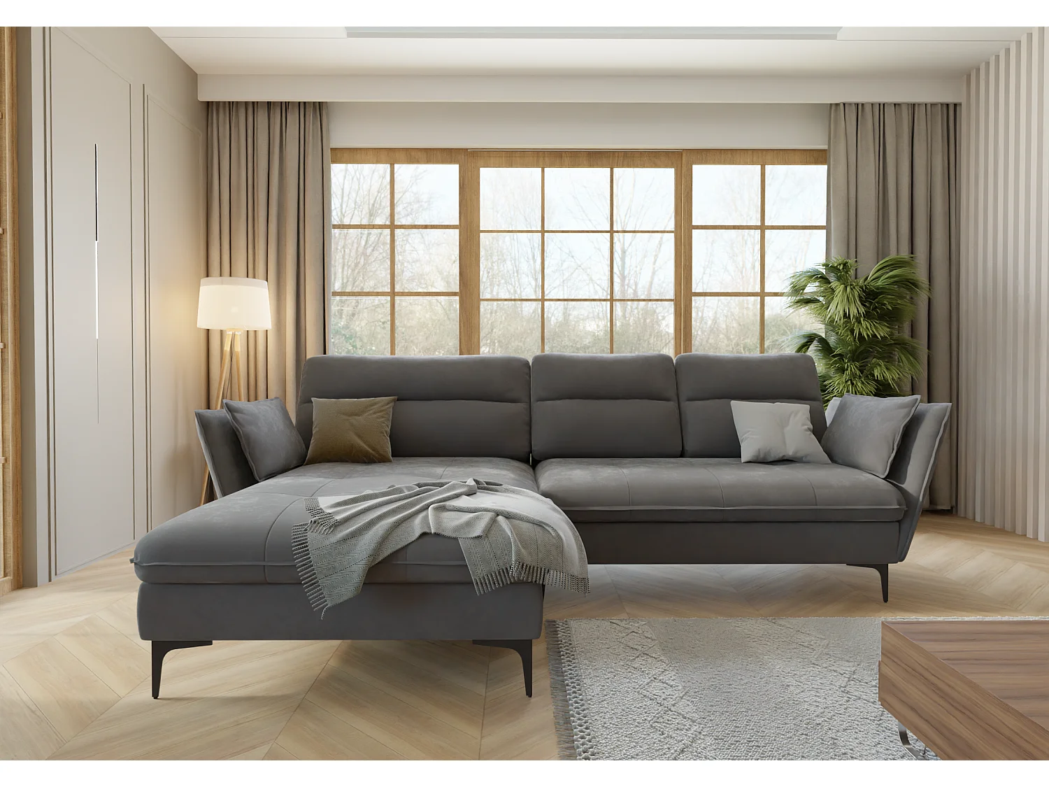 Canapé d’angle avec fonction lit et coffre de rangement, en tissu velours Christa