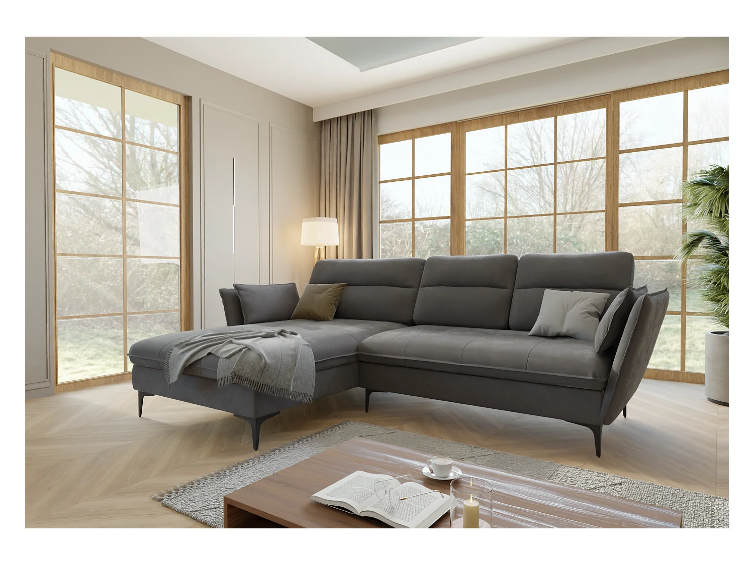Canapé d’angle avec fonction lit et coffre de rangement, en tissu velours Christa