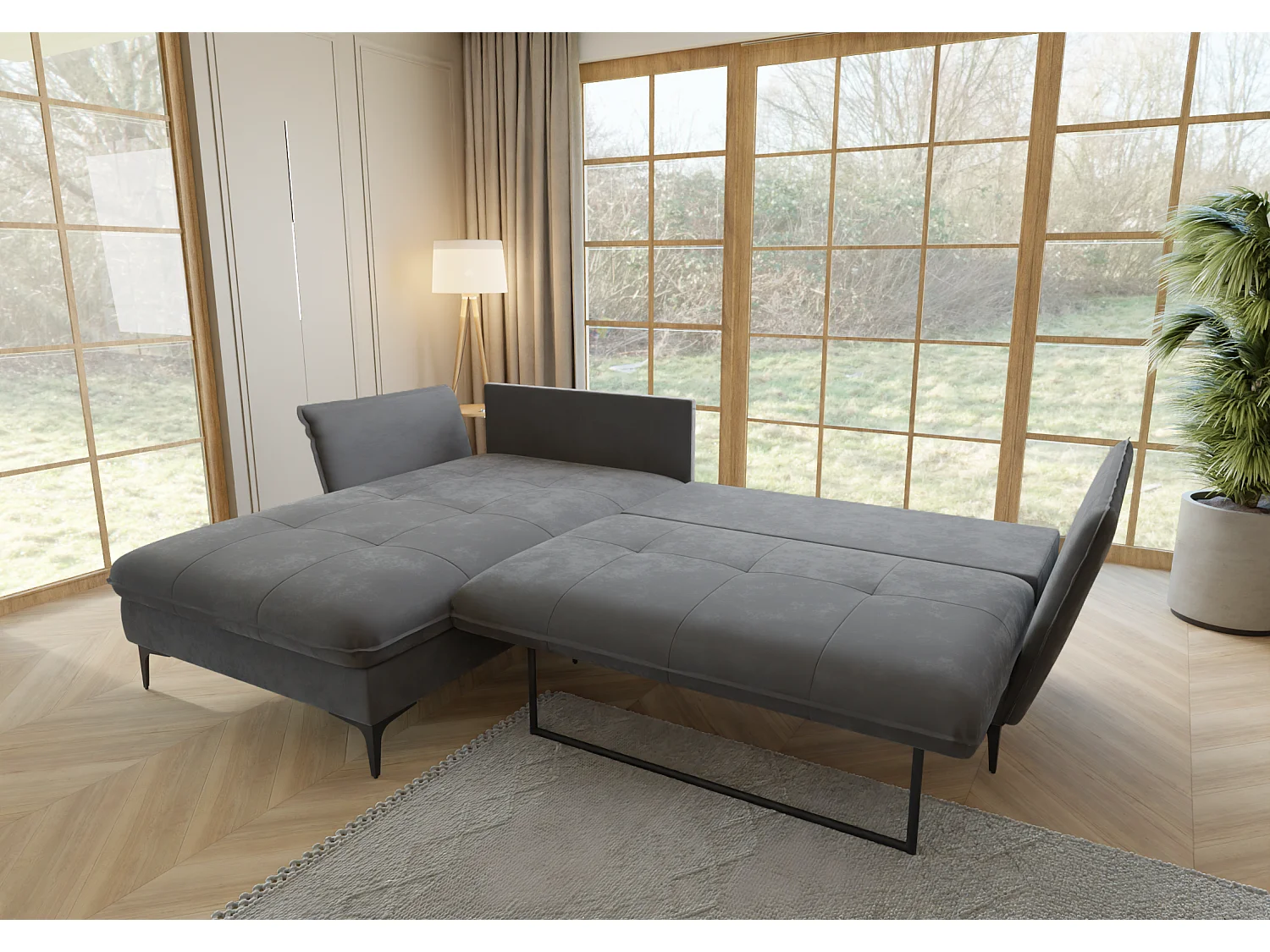 Christa Ecksofa mit Bettfunktion und Bettkasten aus Samt-Stoff mit hohen schwarzen Metallfüßen
