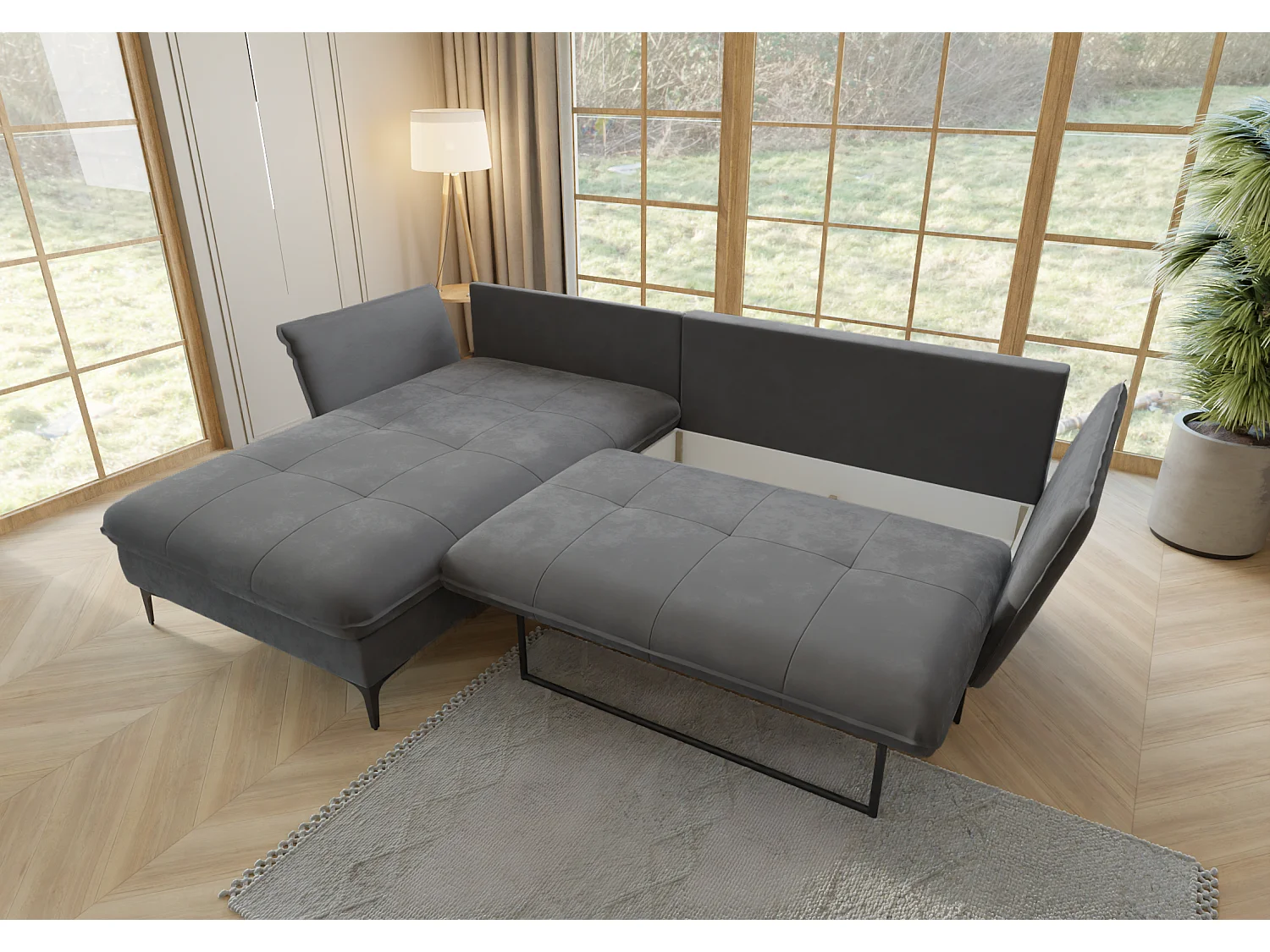 Christa Ecksofa mit Bettfunktion und Bettkasten aus Samt-Stoff mit hohen schwarzen Metallfüßen