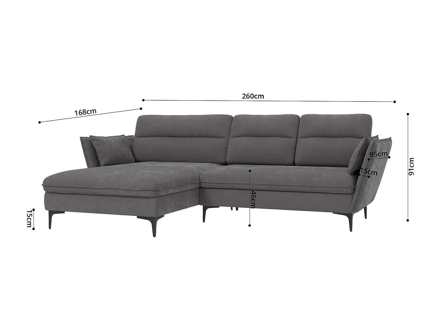 Christa Ecksofa mit Bettfunktion und Bettkasten aus Samt-Stoff mit hohen schwarzen Metallfüßen