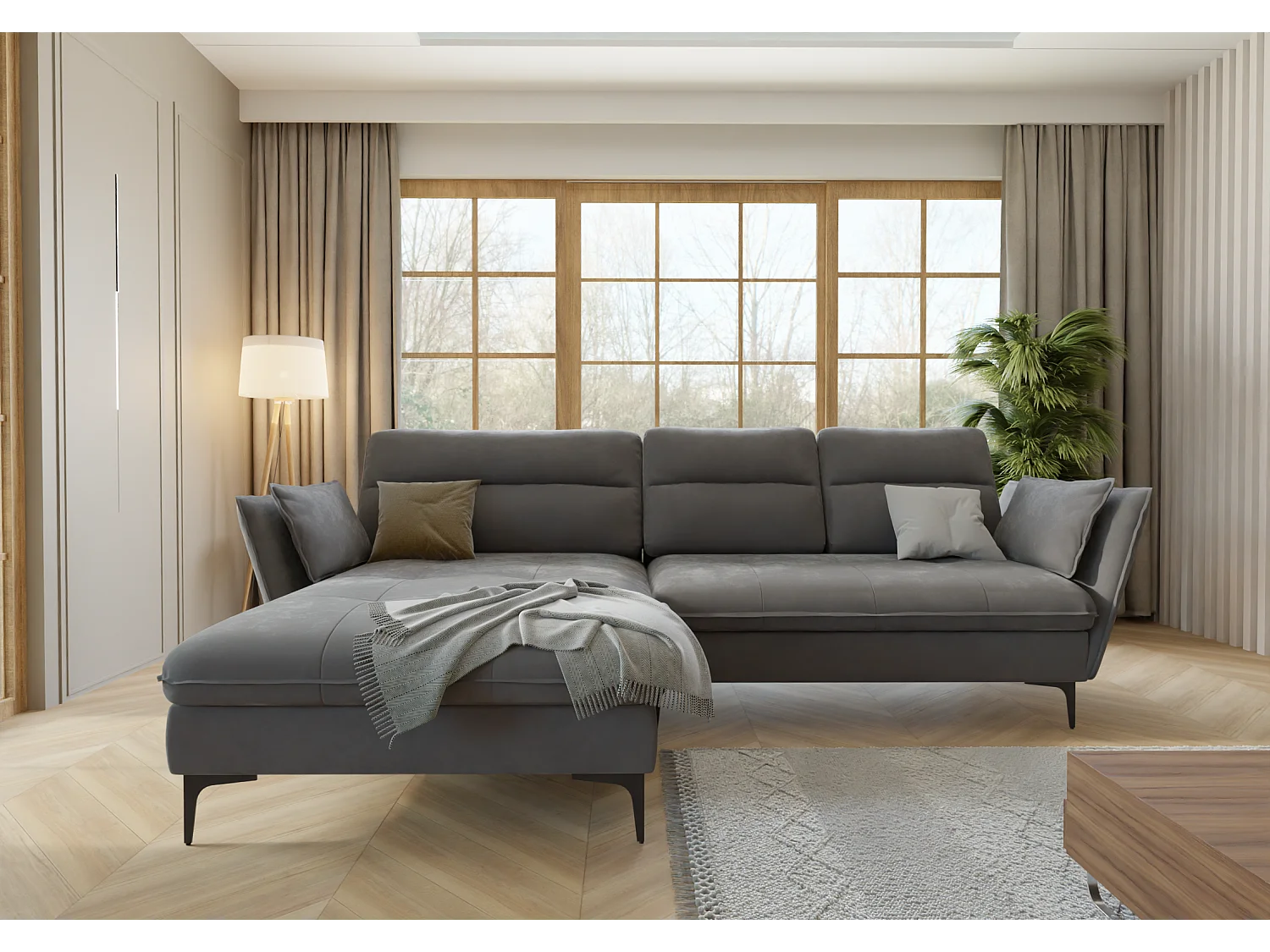 Canapé d’angle avec fonction lit et coffre de rangement, en tissu velours Christa