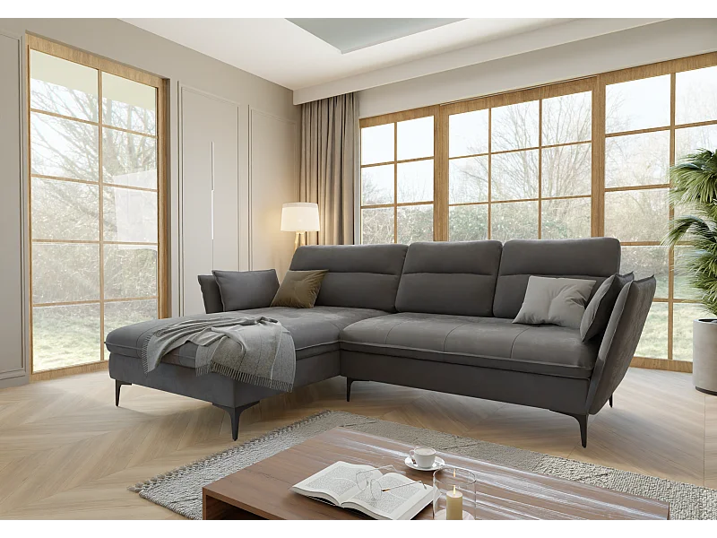 Canapé d’angle avec fonction lit et coffre de rangement, en tissu velours Christa