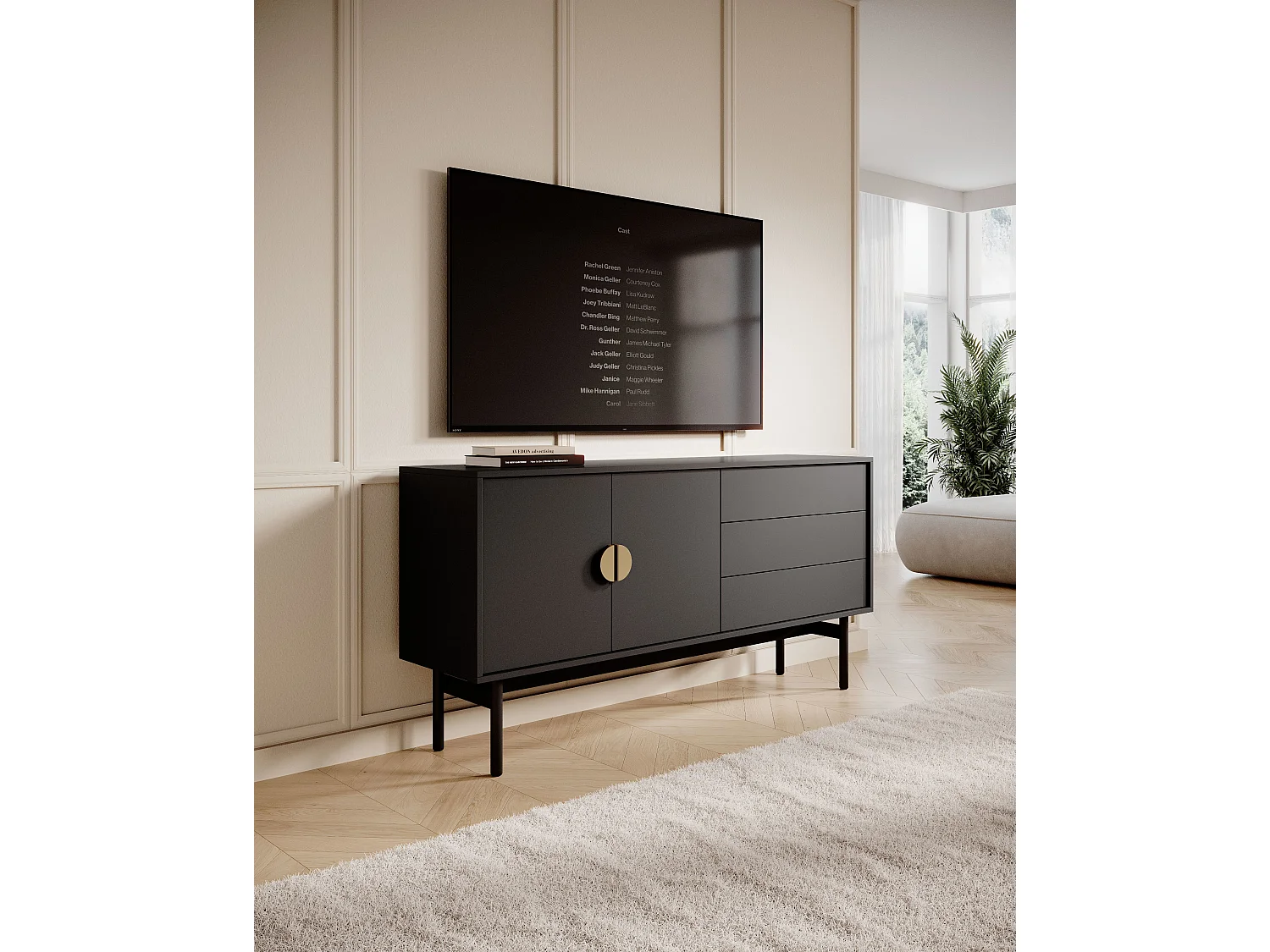 TV-meubel met twee deuren - 154 cm - met drie lades - zwart - STOON
