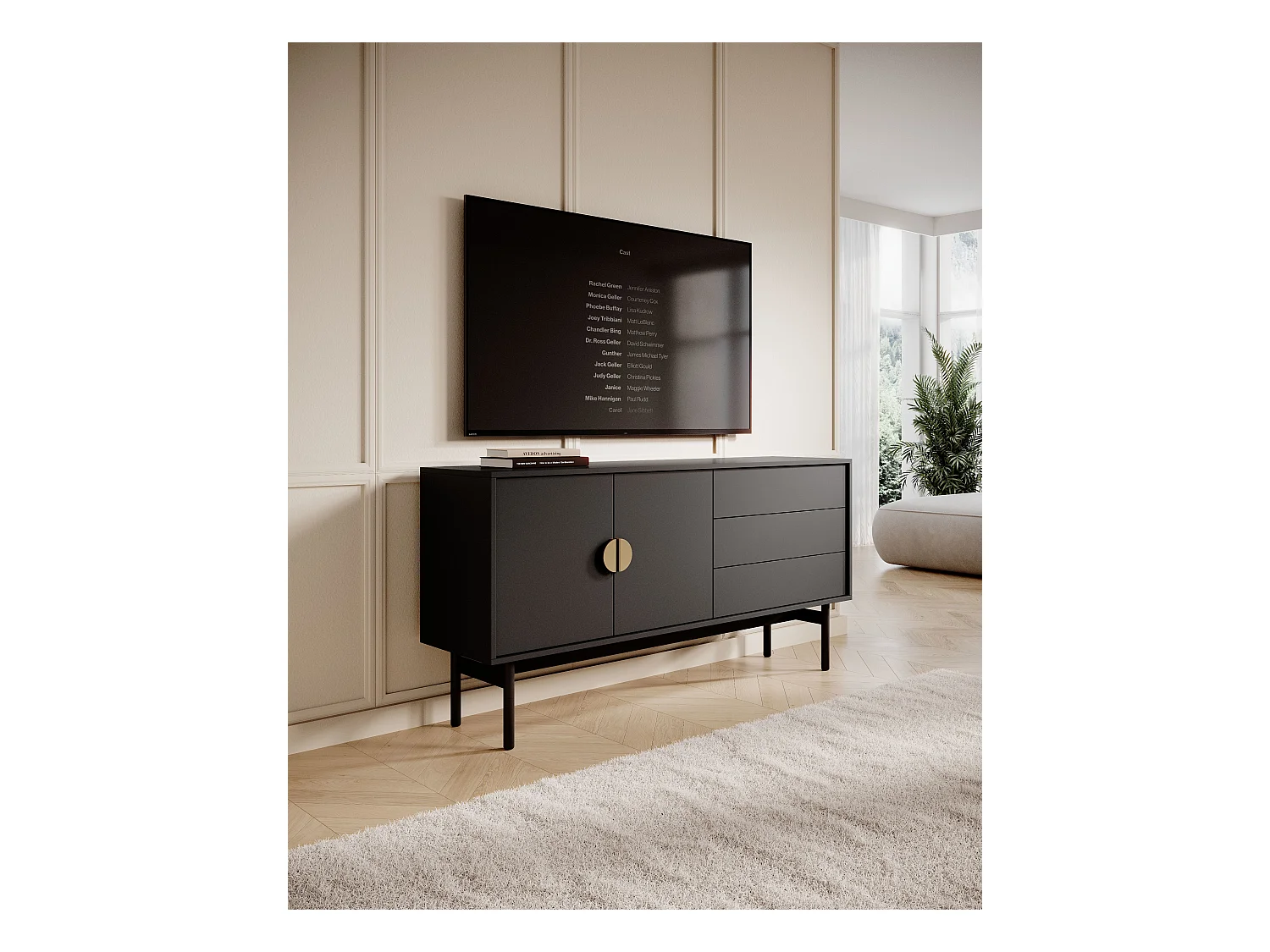 Meuble TV à deux portes - 154 cm - avec trois tiroirs - noir - STOON