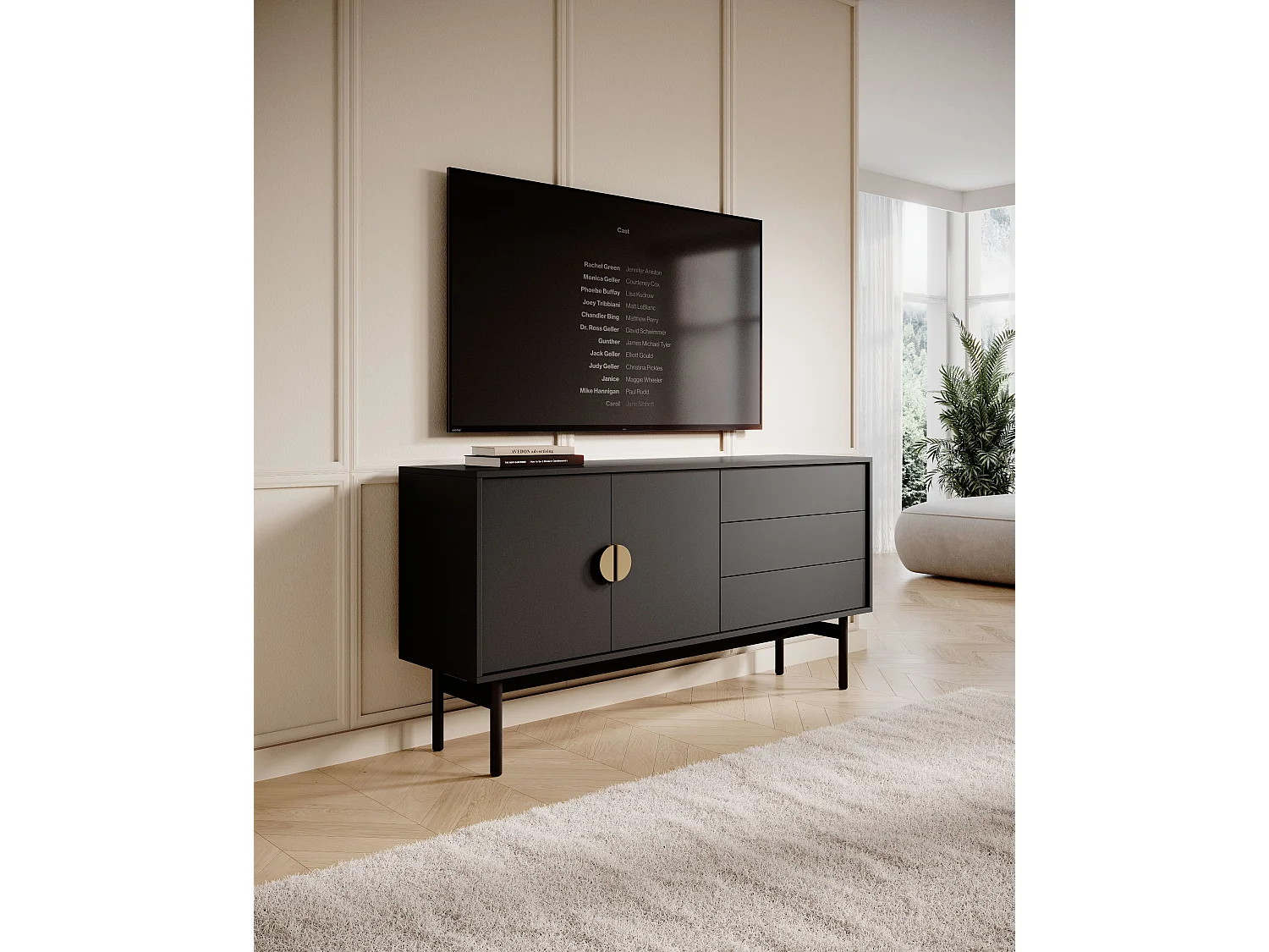 Meuble TV à deux portes - 154 cm - avec trois tiroirs - noir - STOON