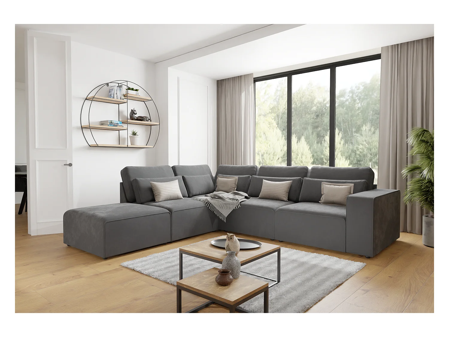 Canapé d’angle modulaire en velours avec coussins de dossier et lombaires Dagmar