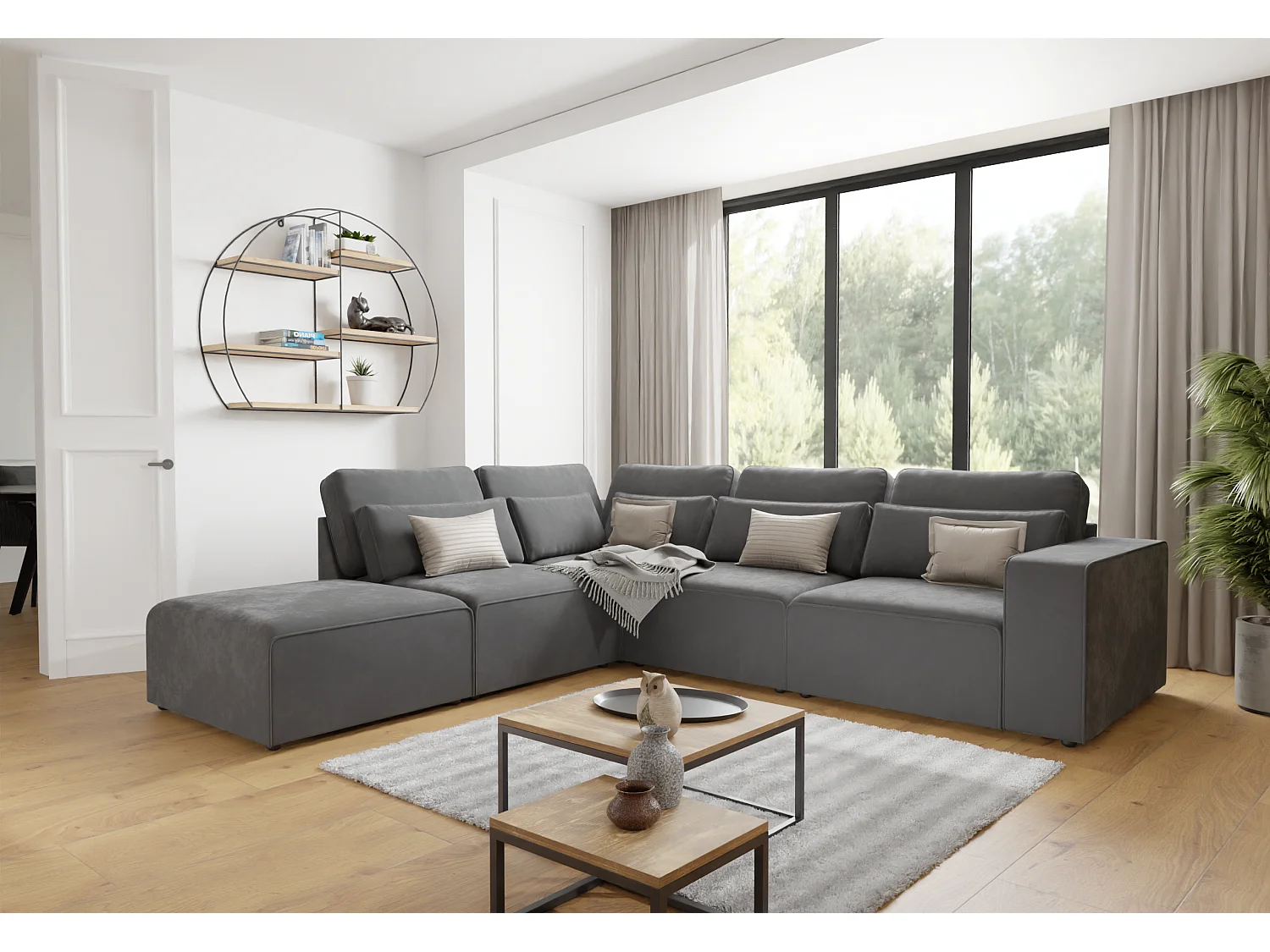 Canapé d’angle modulaire en velours avec coussins de dossier et lombaires Dagmar