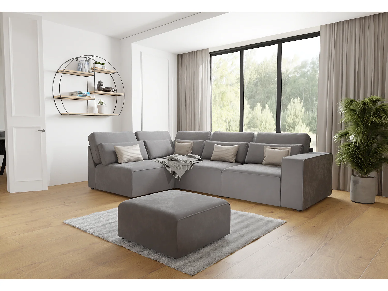 Canapé d’angle modulaire en velours avec coussins de dossier et lombaires Dagmar