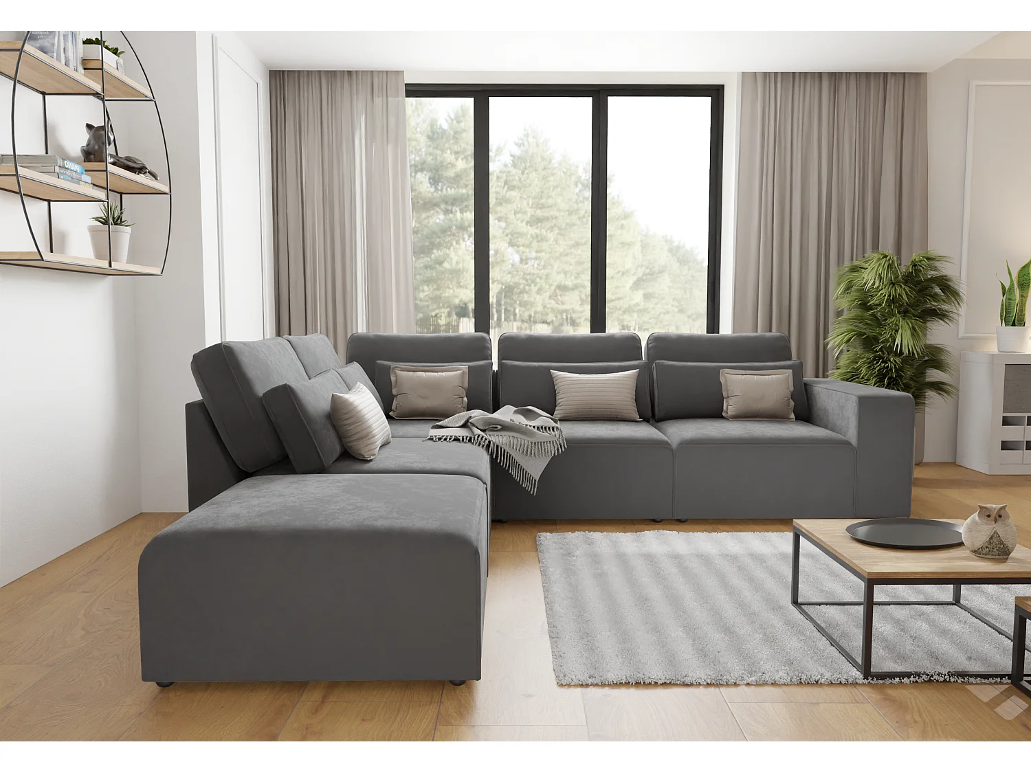 Canapé d’angle modulaire en velours avec coussins de dossier et lombaires Dagmar