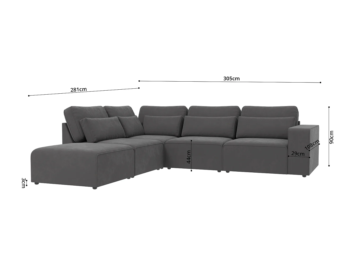 Canapé d’angle modulaire en velours avec coussins de dossier et lombaires Dagmar