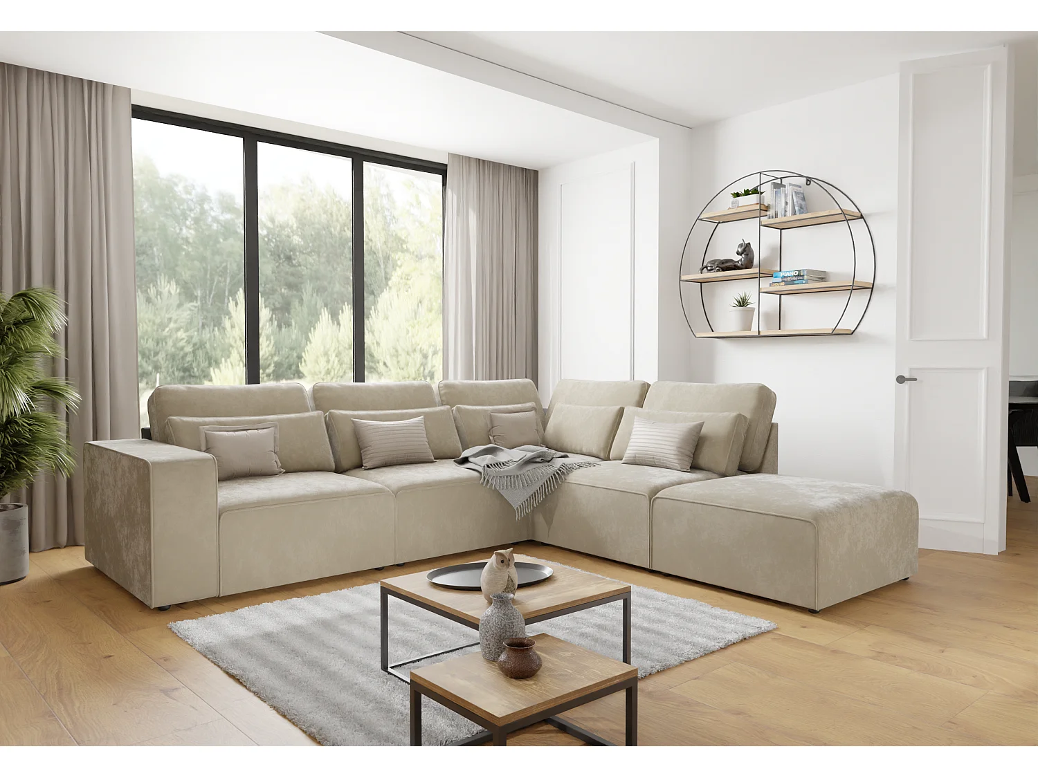 Canapé d’angle modulaire en velours avec coussins de dossier et lombaires Dagmar