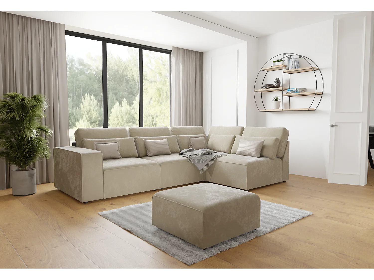 Canapé d’angle modulaire en velours avec coussins de dossier et lombaires Dagmar