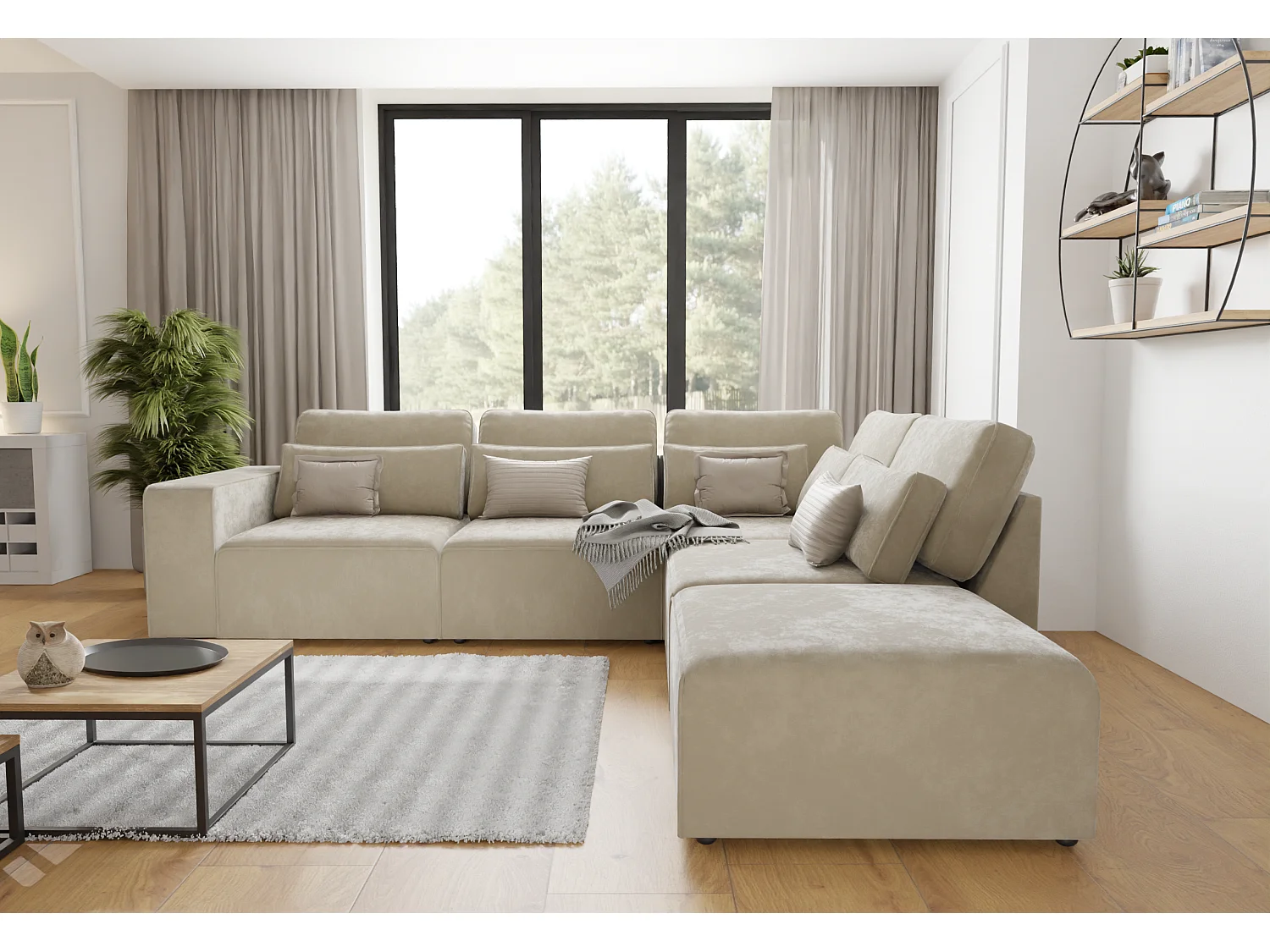 Canapé d’angle modulaire en velours avec coussins de dossier et lombaires Dagmar