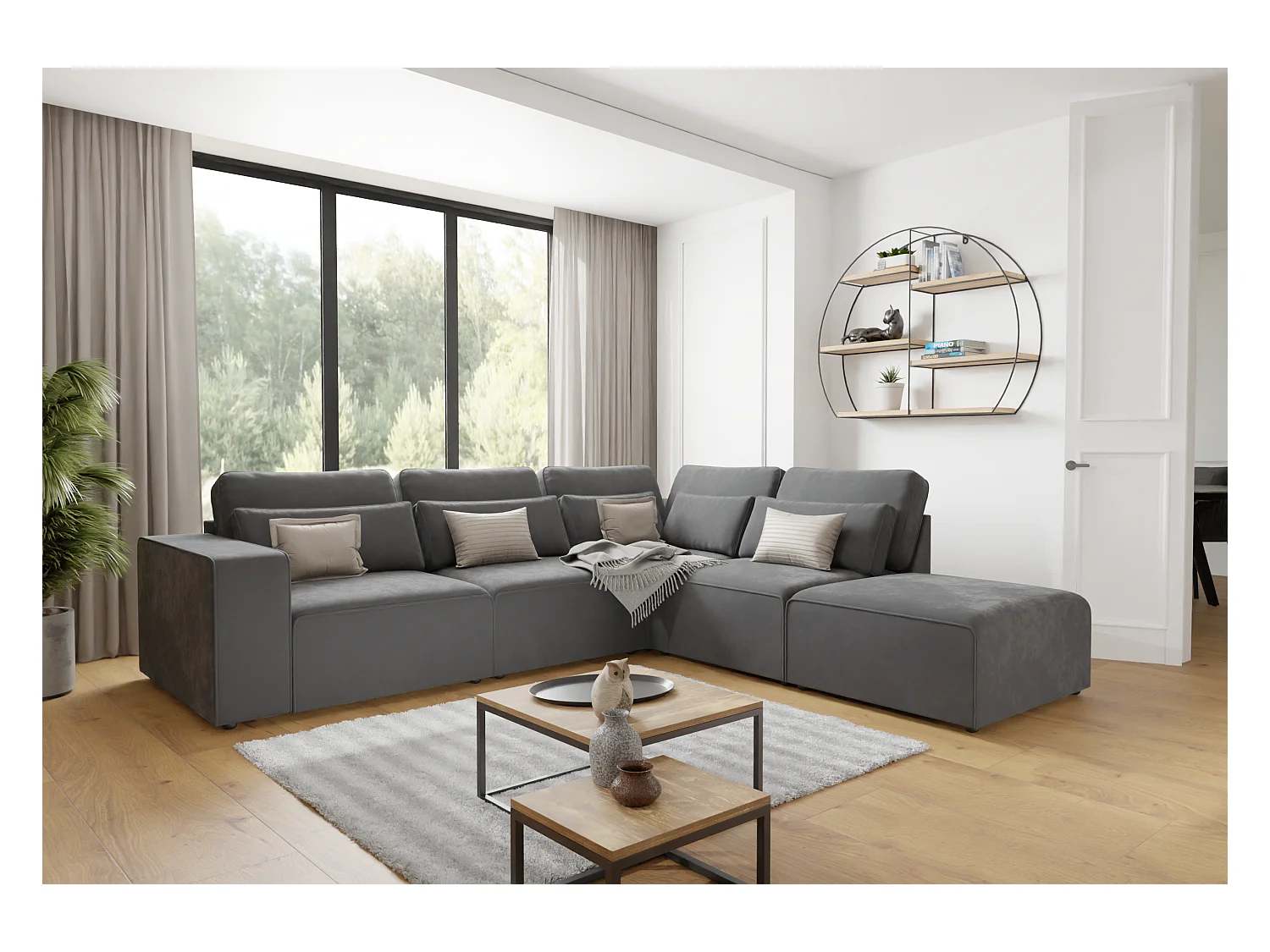 Canapé d’angle modulaire en velours avec coussins de dossier et lombaires Dagmar