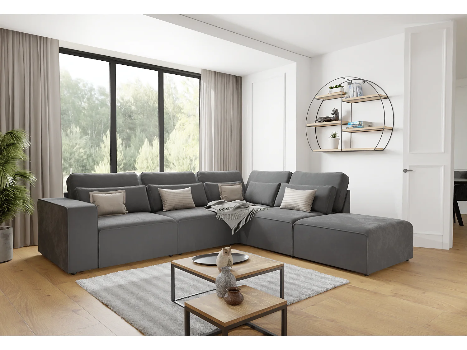 Canapé d’angle modulaire en velours avec coussins de dossier et lombaires Dagmar