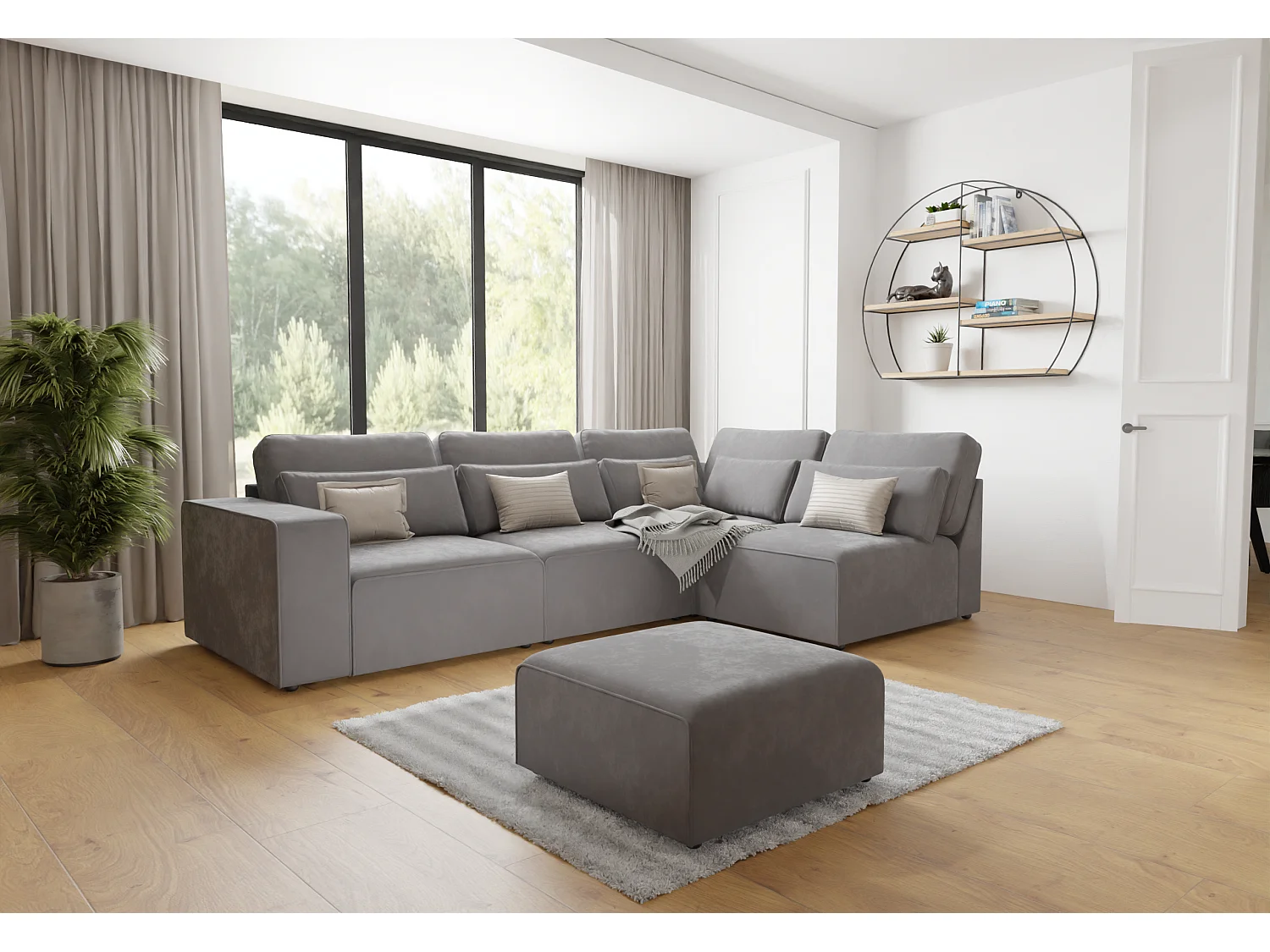 Canapé d’angle modulaire en velours avec coussins de dossier et lombaires Dagmar