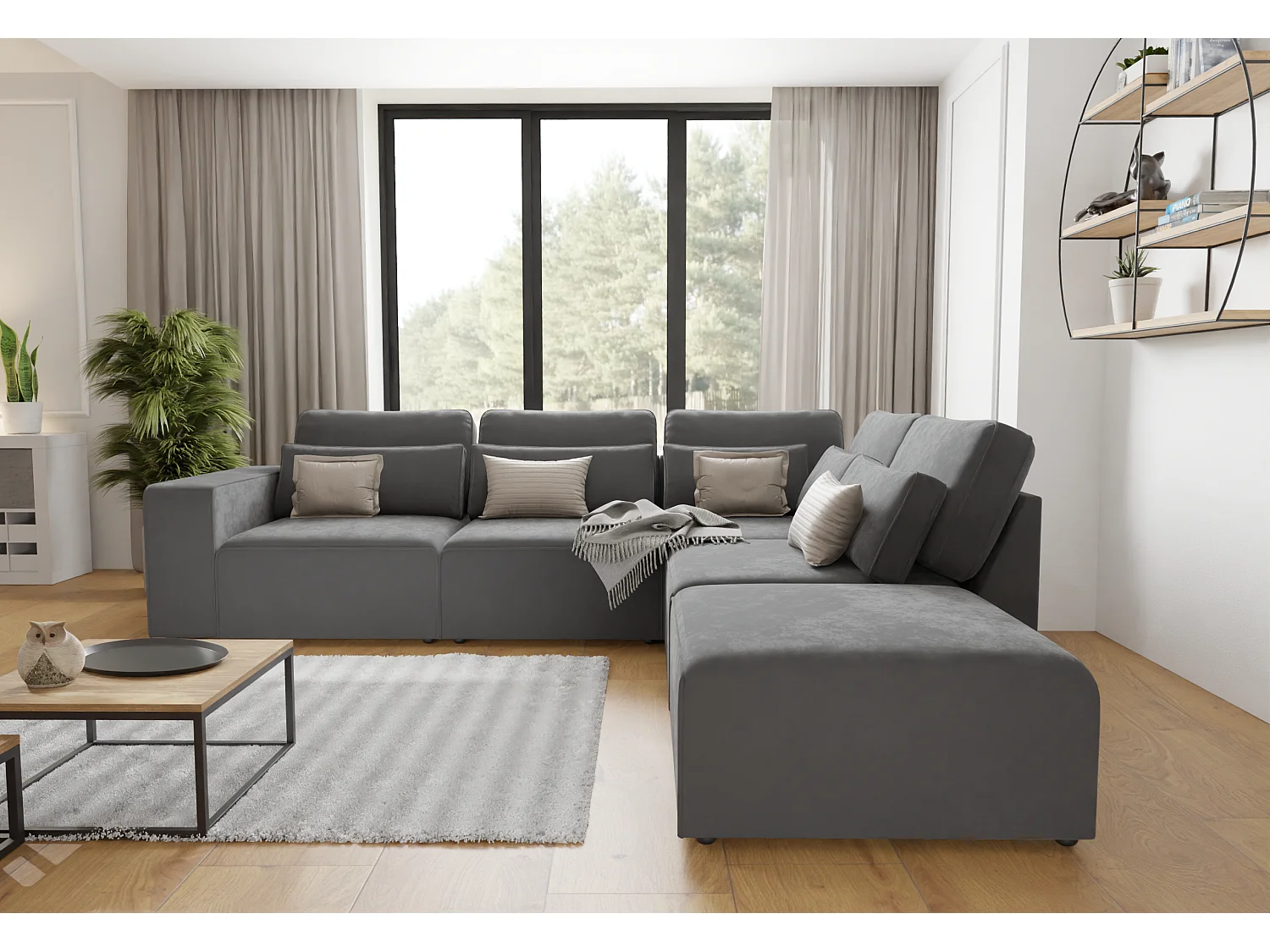 Canapé d’angle modulaire en velours avec coussins de dossier et lombaires Dagmar