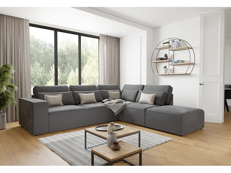 Canapé d’angle modulaire en velours avec coussins de dossier et lombaires Dagmar