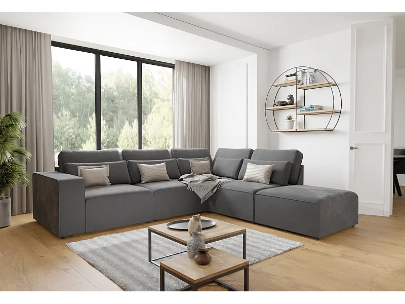 Canapé d’angle modulaire en velours avec coussins de dossier et lombaires Dagmar