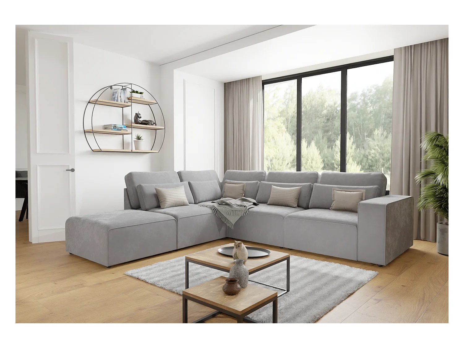 Canapé d’angle modulaire en velours avec coussins de dossier et lombaires Dagmar