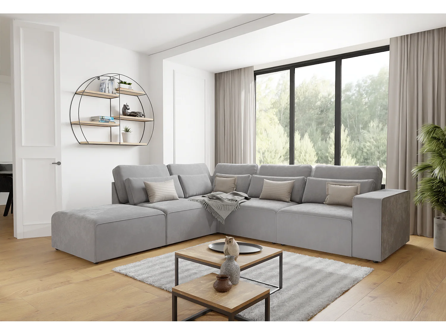 Canapé d’angle modulaire en velours avec coussins de dossier et lombaires Dagmar