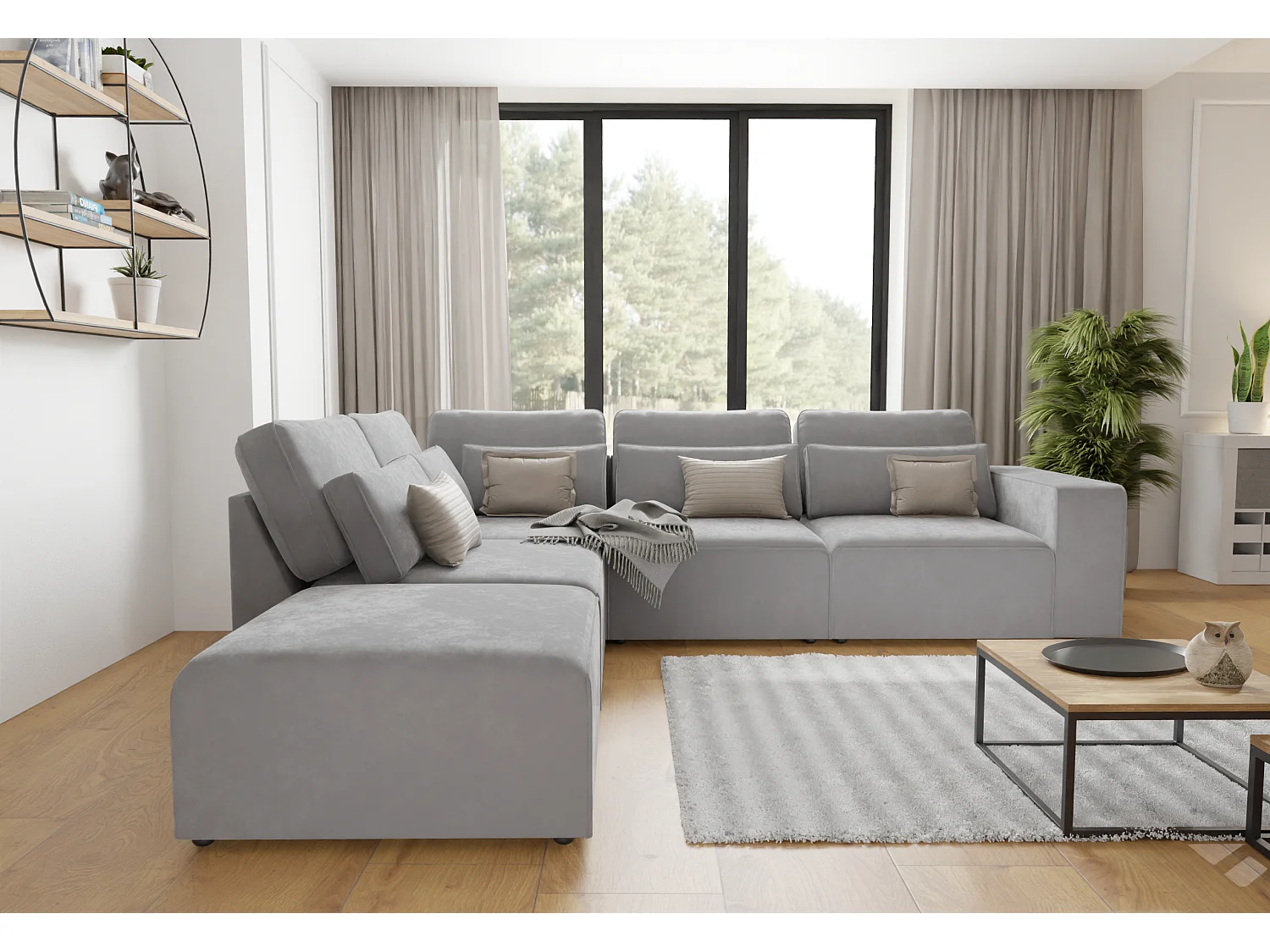 Canapé d’angle modulaire en velours avec coussins de dossier et lombaires Dagmar