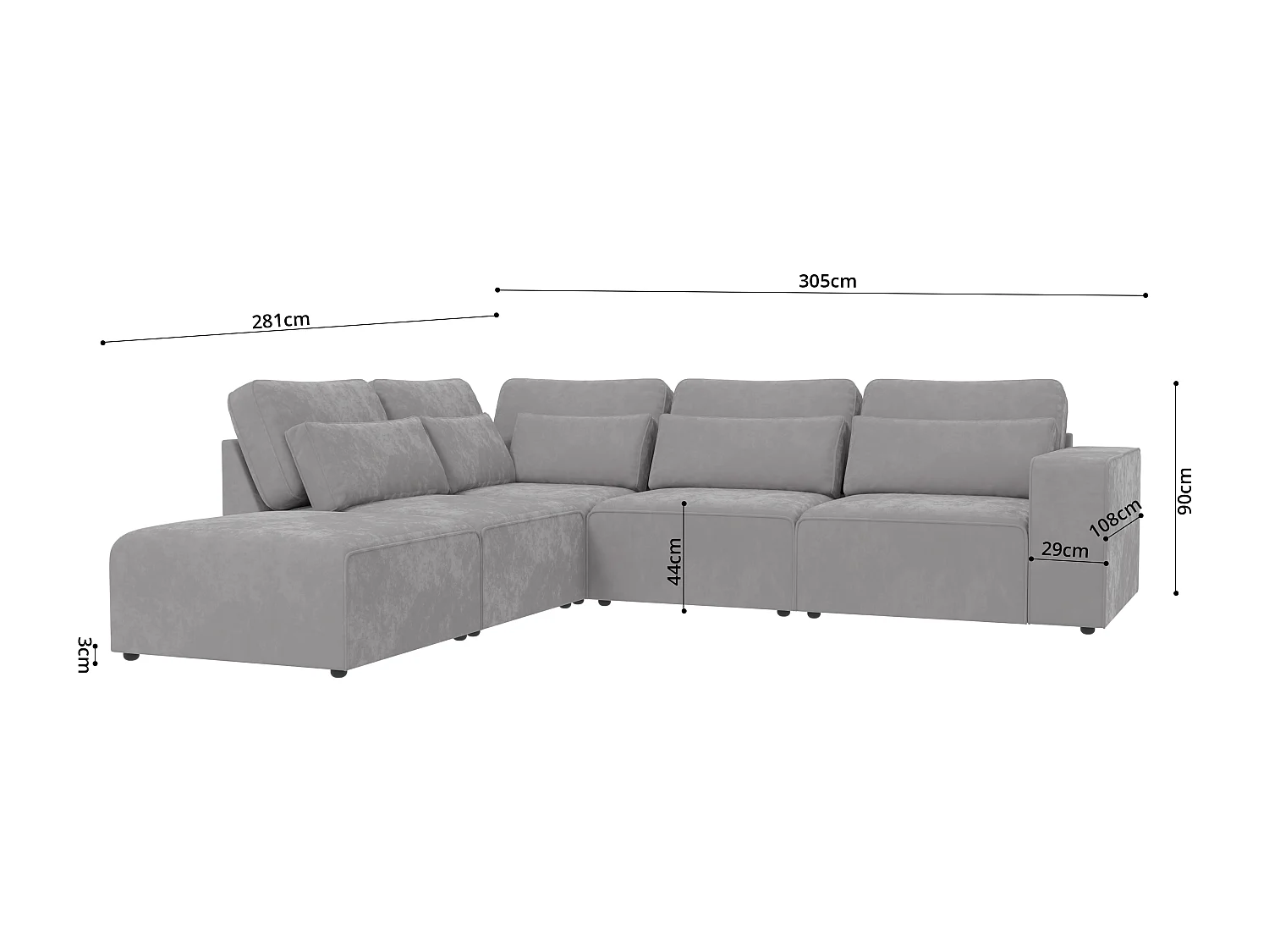 Canapé d’angle modulaire en velours avec coussins de dossier et lombaires Dagmar