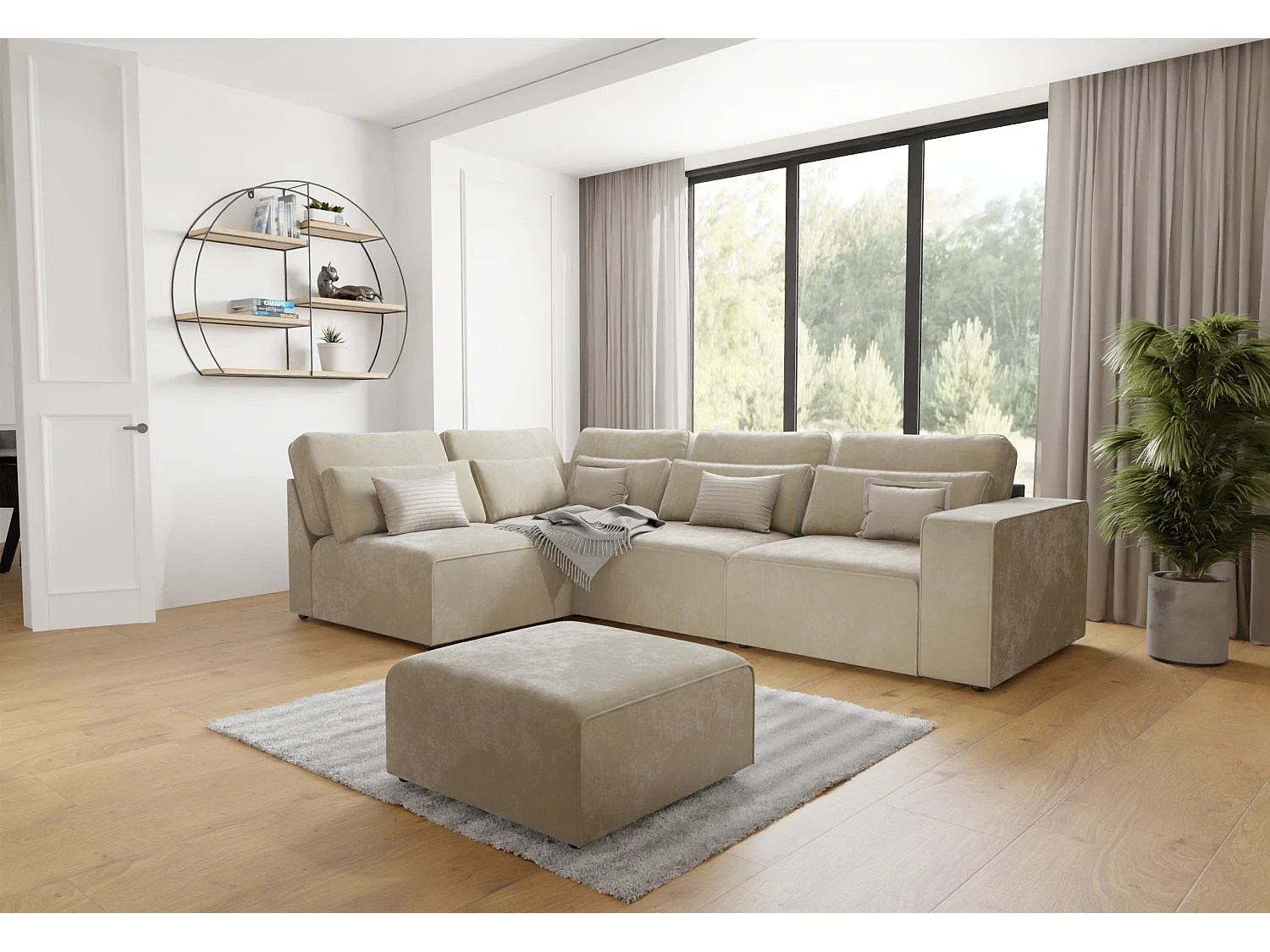 Canapé d’angle modulaire en velours avec coussins de dossier et lombaires Dagmar