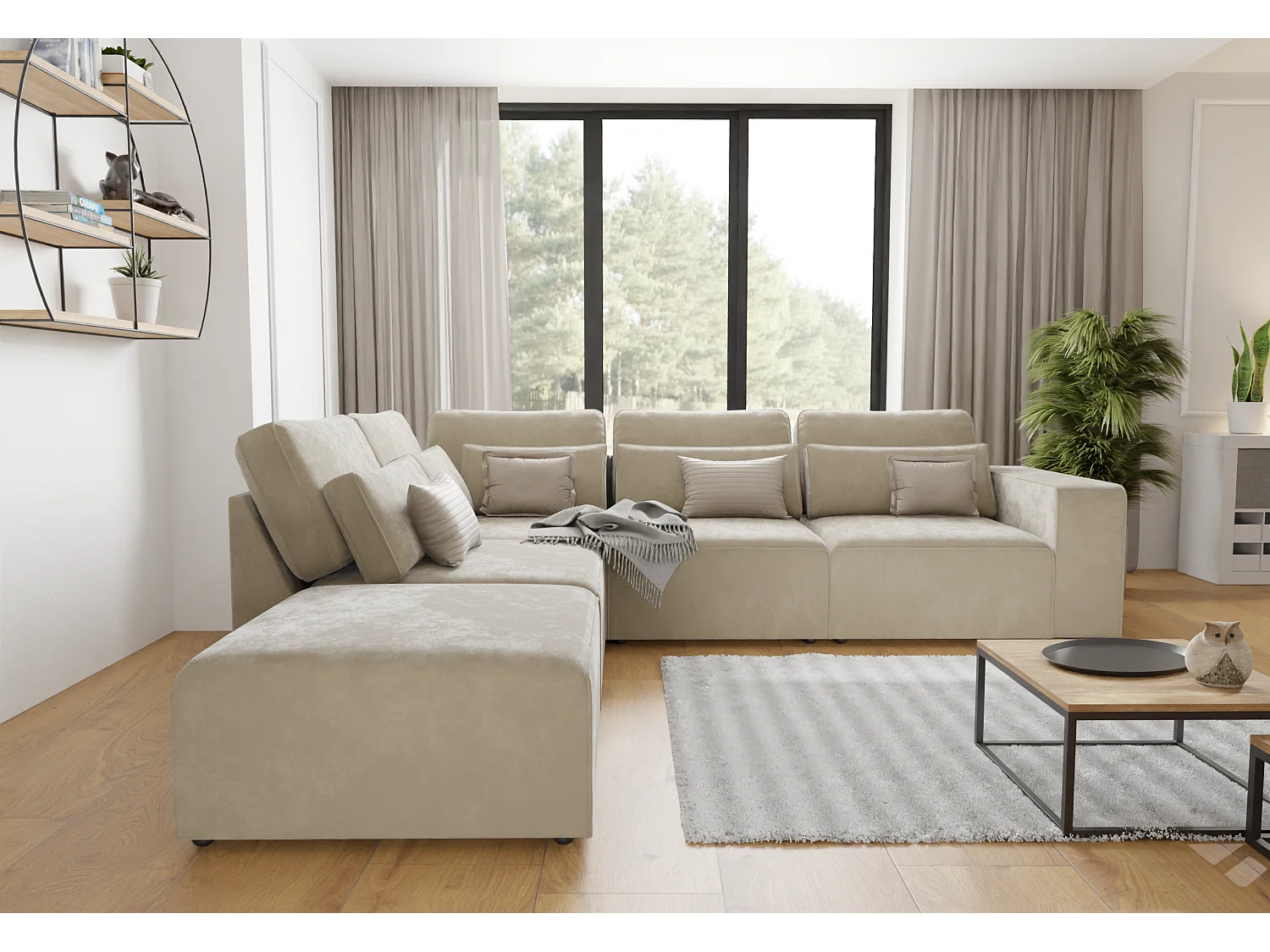 Canapé d’angle modulaire en velours avec coussins de dossier et lombaires Dagmar