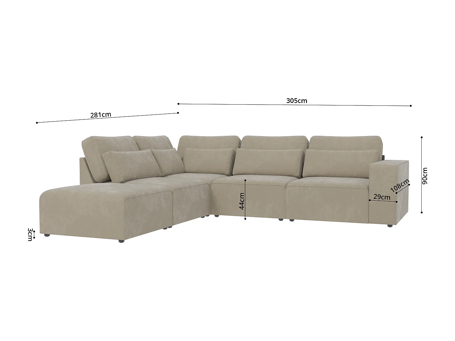 Canapé d’angle modulaire en velours avec coussins de dossier et lombaires Dagmar
