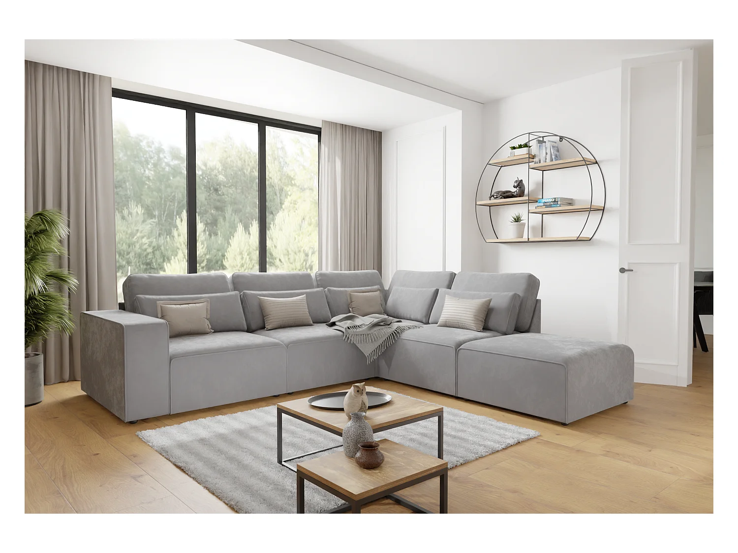 Canapé d’angle modulaire en velours avec coussins de dossier et lombaires Dagmar