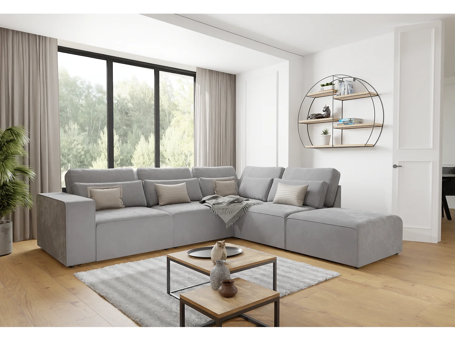 Canapé d’angle modulaire en velours avec coussins de dossier et lombaires Dagmar