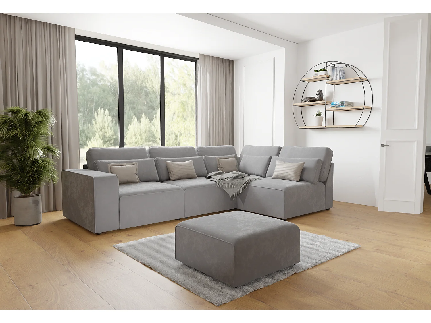 Canapé d’angle modulaire en velours avec coussins de dossier et lombaires Dagmar