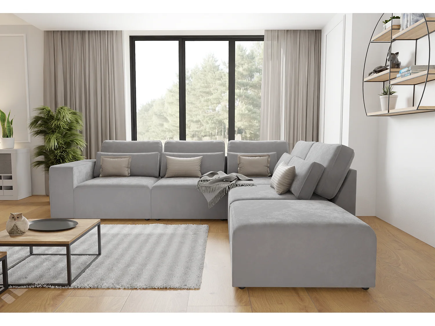 Canapé d’angle modulaire en velours avec coussins de dossier et lombaires Dagmar