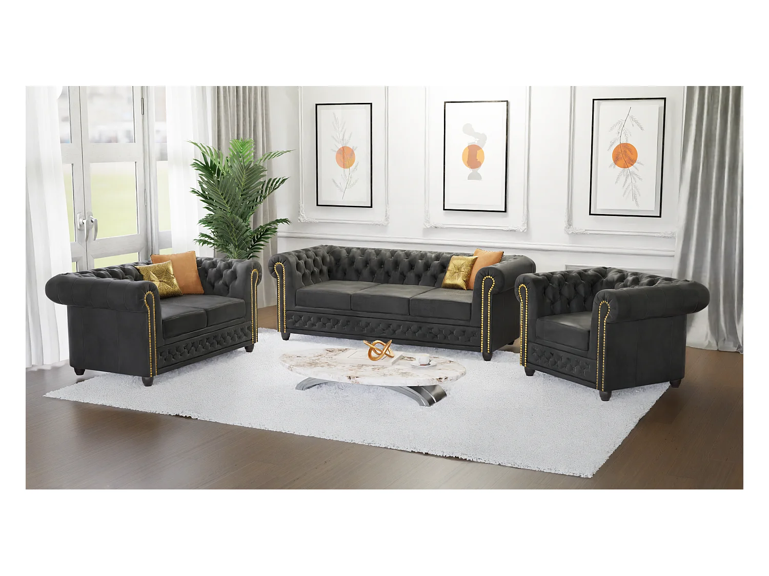 Chesterfield Selena Polstergarnitur mit Schlaffunktion 3+2+1 Vintage Optik Microfaser