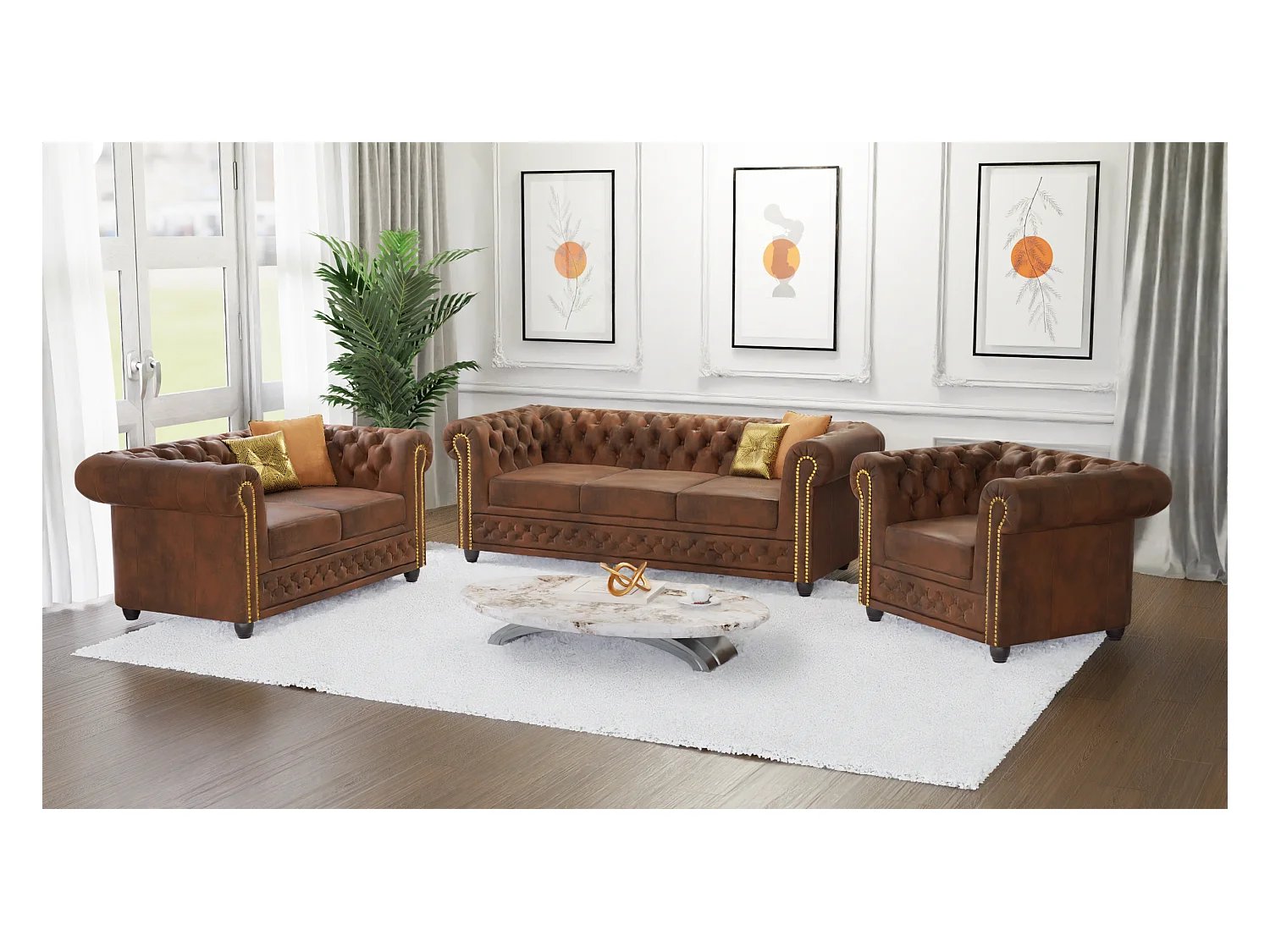 Chesterfield Selena Polstergarnitur mit Schlaffunktion 3+2+1 Vintage Optik Microfaser