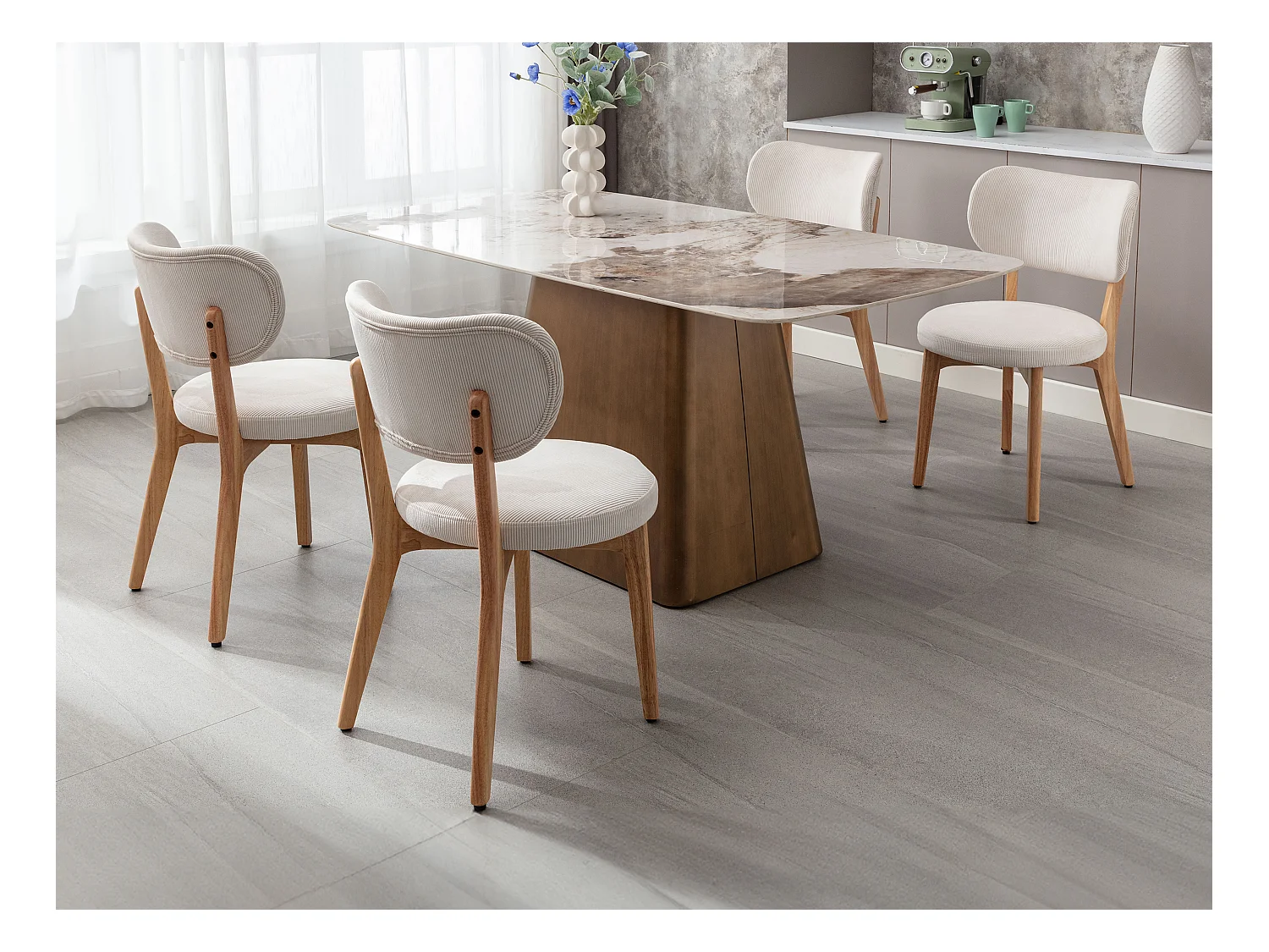 Lot de 6 chaises en velours côtelé et bois d'hévéa - Blanc - TORIEL