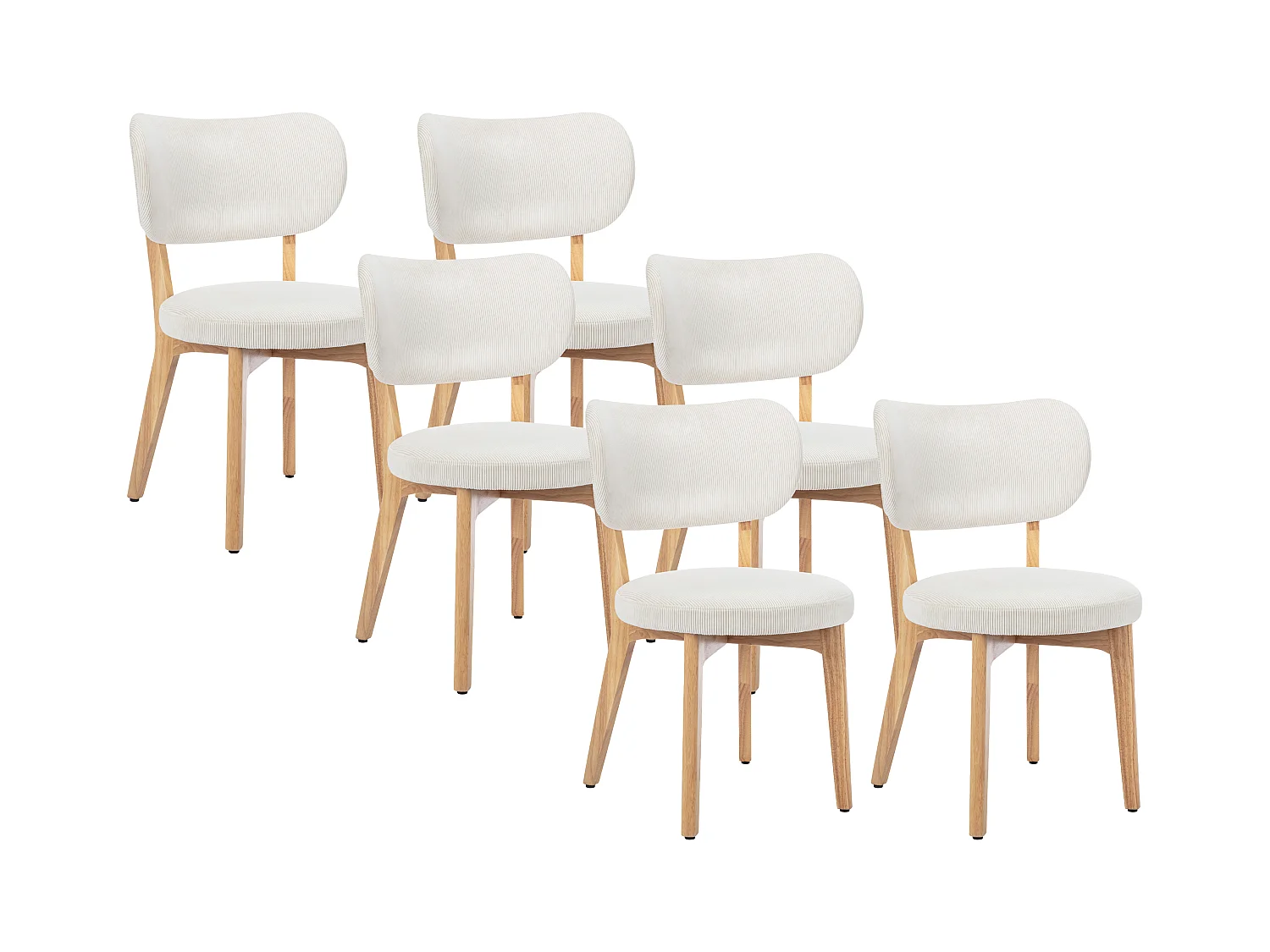 Lot de 6 chaises en velours côtelé et bois d'hévéa - Blanc - TORIEL
