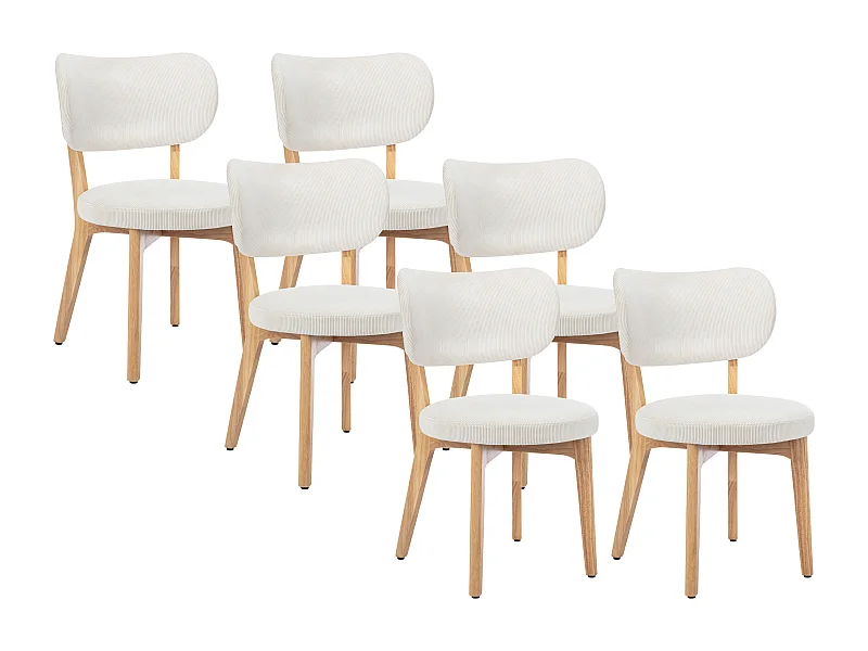 Lot de 6 chaises en velours côtelé et bois d'hévéa - Blanc - TORIEL
