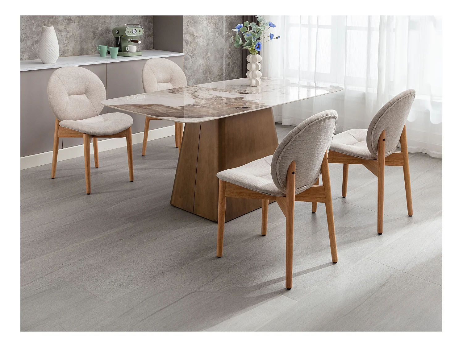 Lot de 6 chaises en tissu et bois d'hévéa - Beige - ISADIO