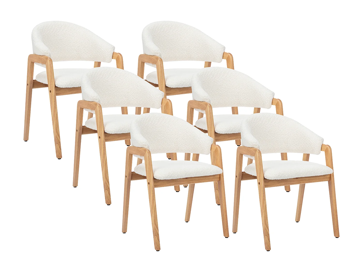 Lot de 6 chaises avec accoudoirs en tissu bouclette et bois d'hévéa - Blanc et naturel - SOLUNA