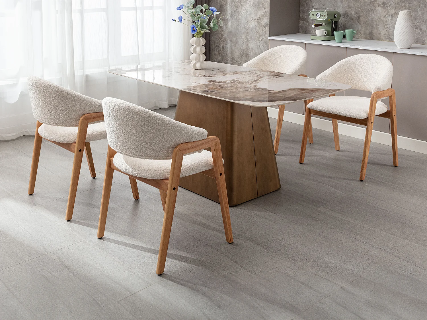 Lot de 6 chaises avec accoudoirs en tissu bouclette et bois d'hévéa - Blanc et naturel - SOLUNA