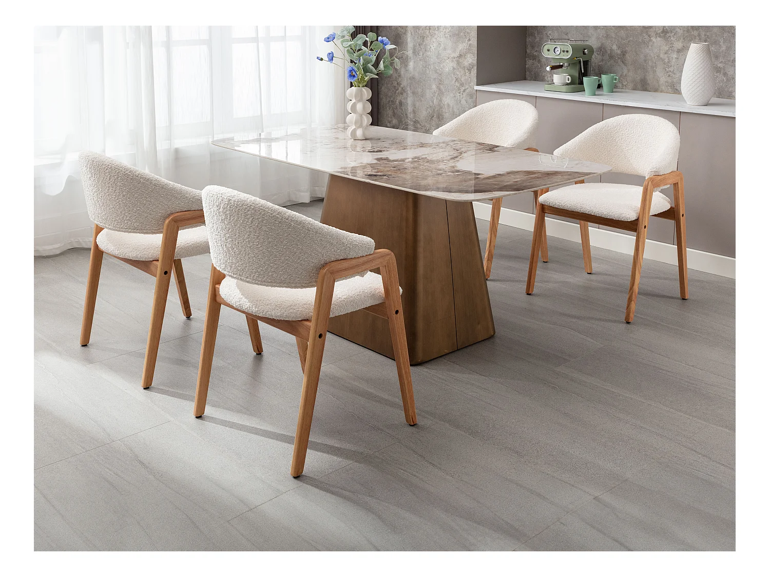 Lot de 6 chaises avec accoudoirs en tissu bouclette et bois d'hévéa - Blanc et naturel - SOLUNA