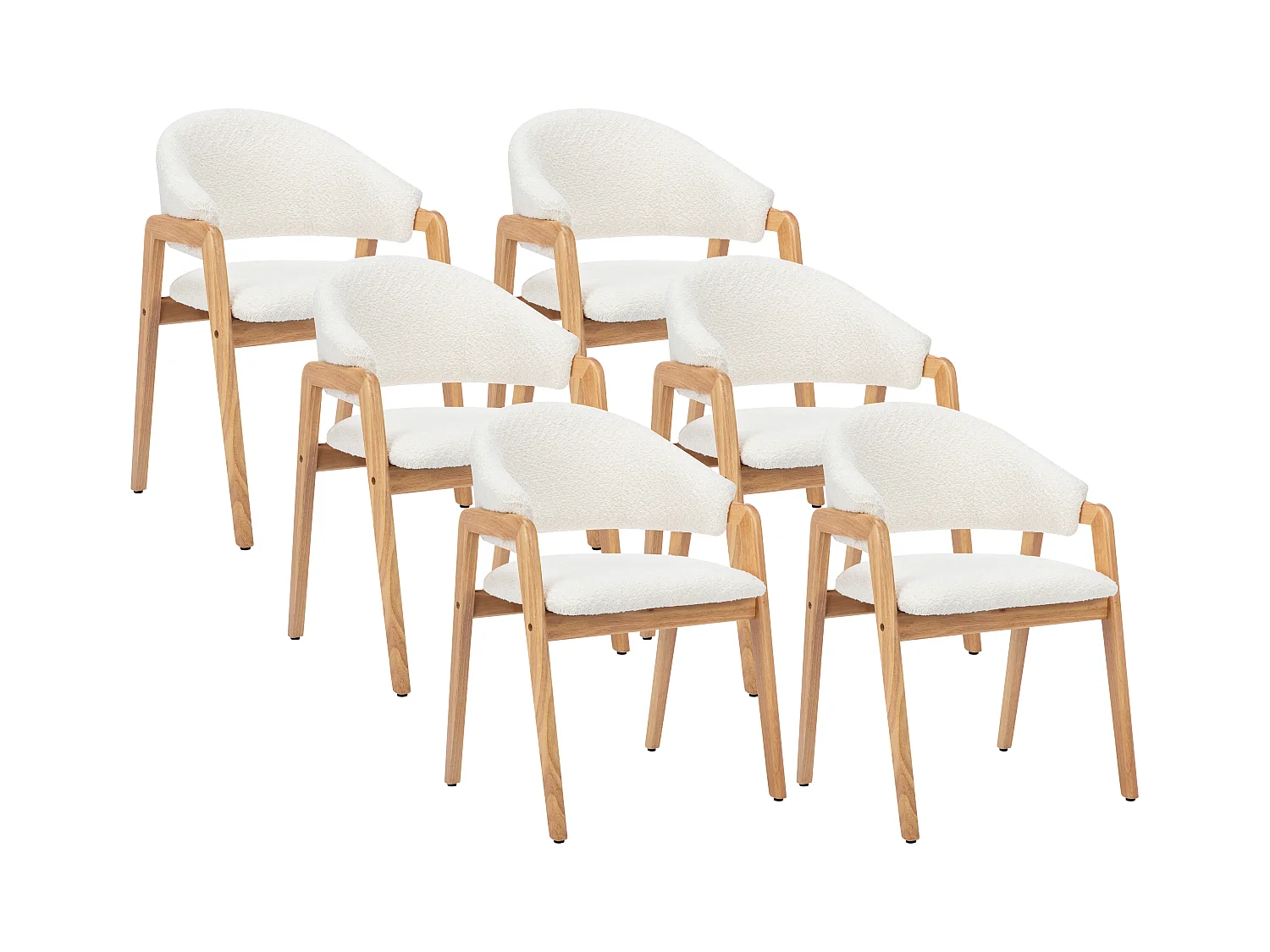 Conjunto de 6 cadeiras com apoios de braço tecido bouclé e madeira de hévea branco - SOLUNA