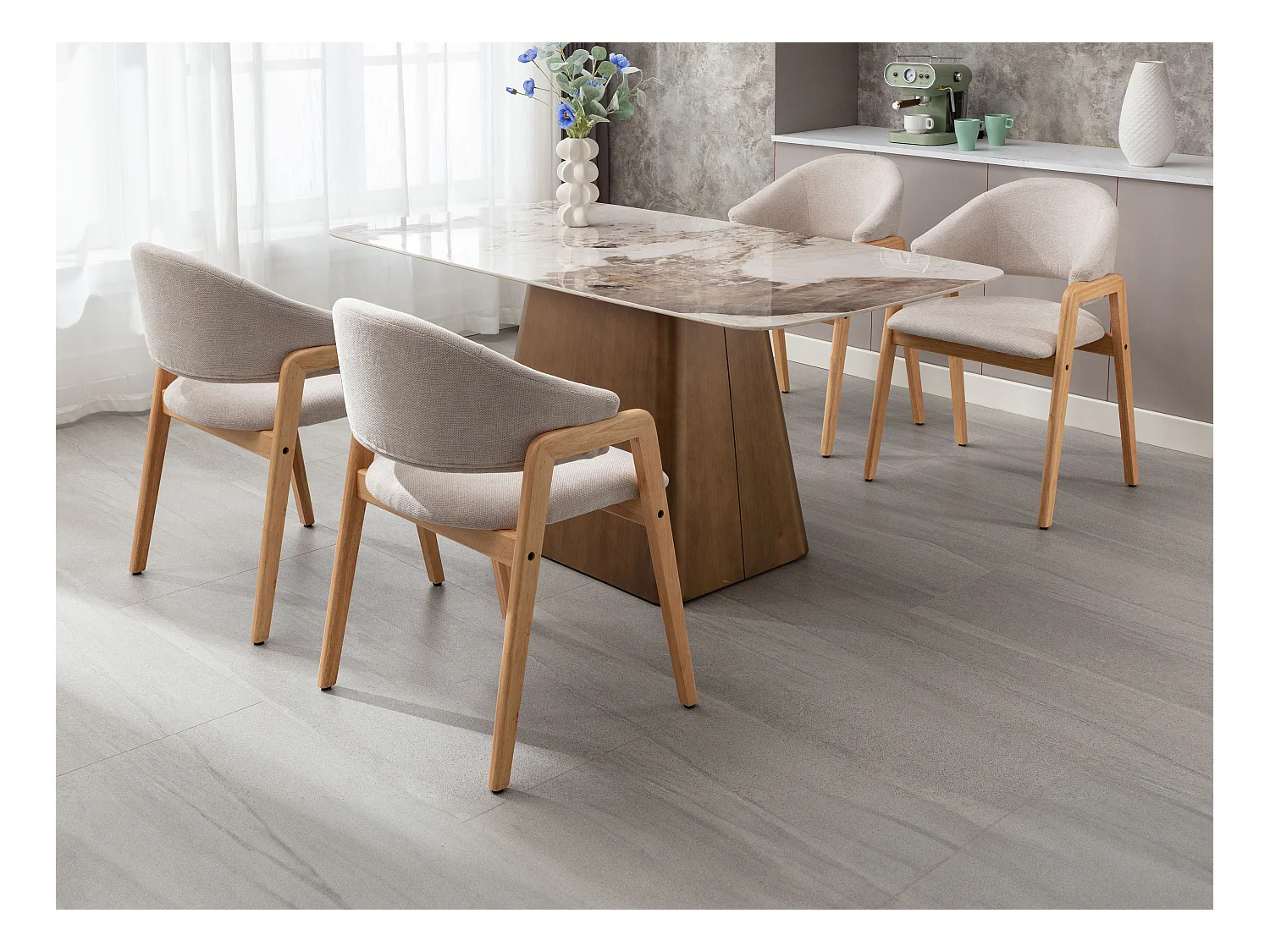 Lot de 6 chaises avec accoudoirs en tissu et bois d'hévéa - Beige et Naturel - SOLUNA