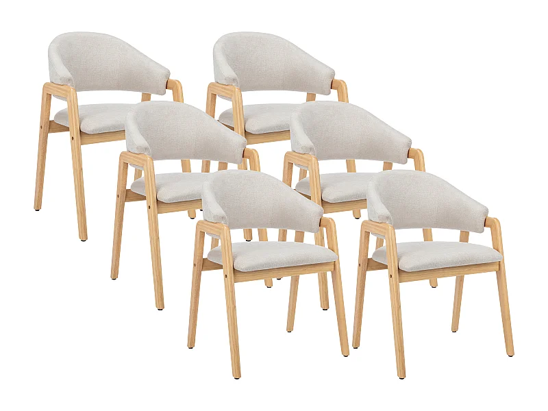 Lot de 6 chaises avec accoudoirs en tissu et bois d'hévéa - Beige et Naturel - SOLUNA