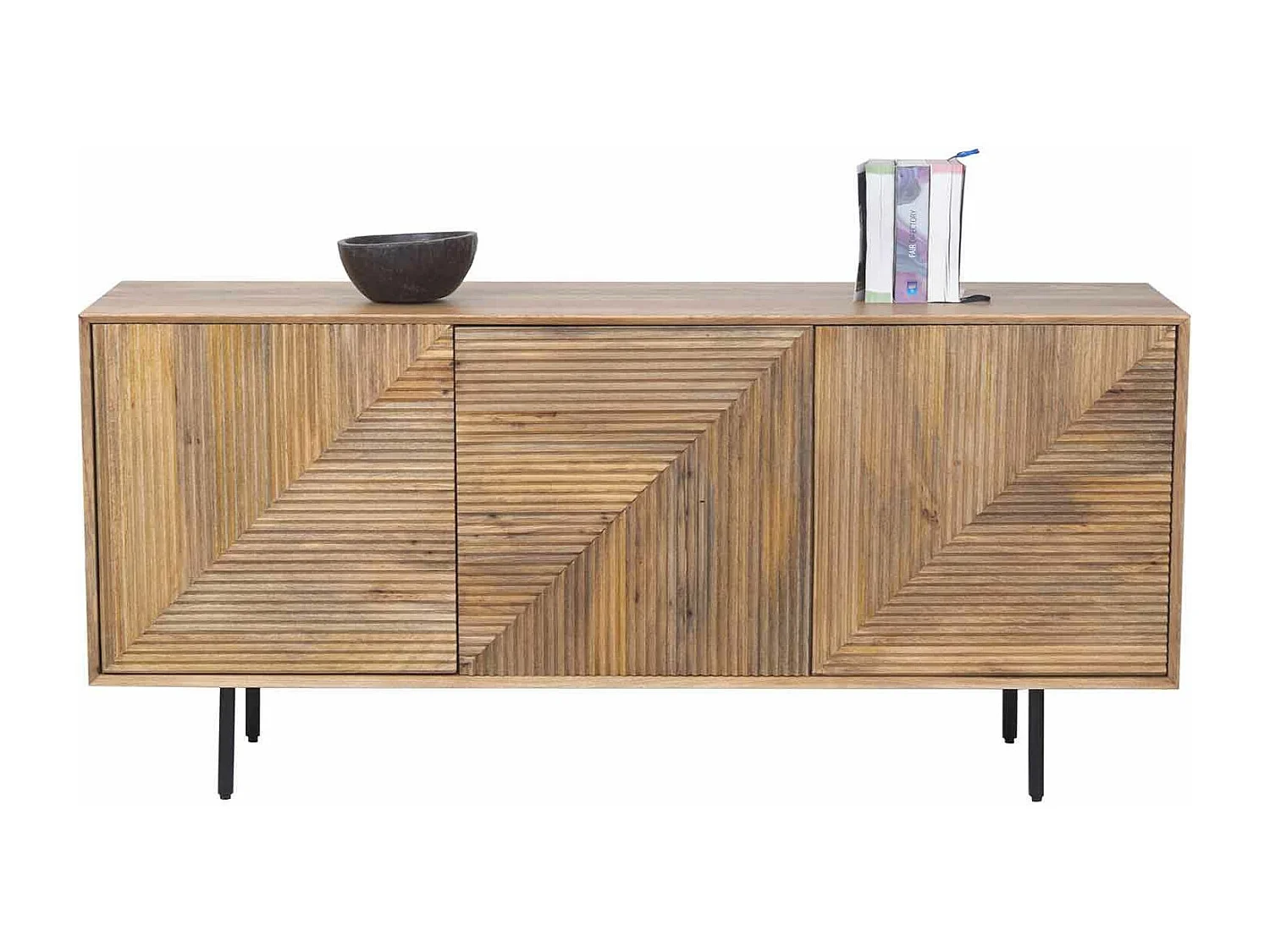 Buffet bas bois sculpté motif géométrique 3P | Manguier Maglan