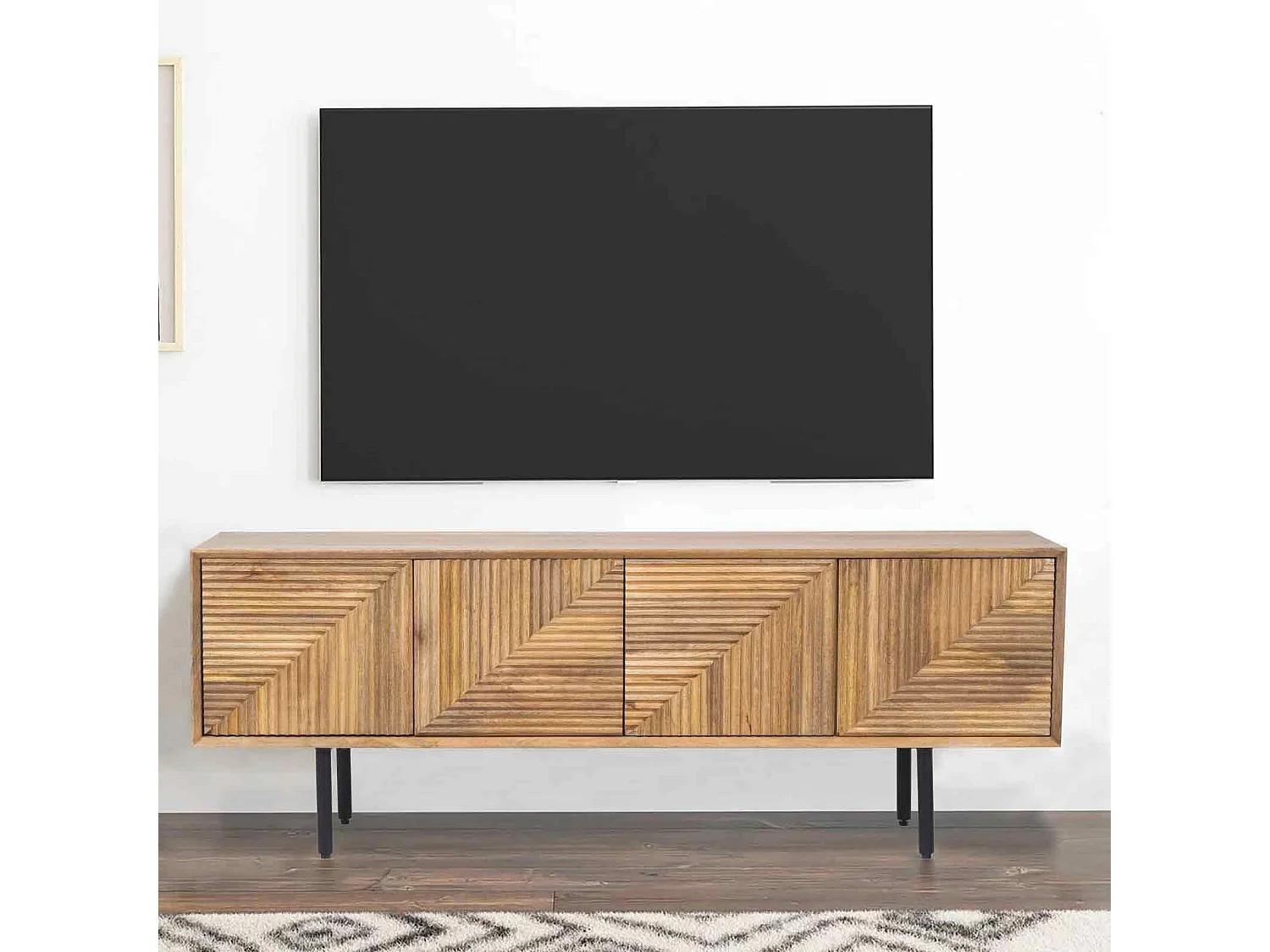 Meuble Tv bois sculpté motif géométrique 4P | Manguier Maglan