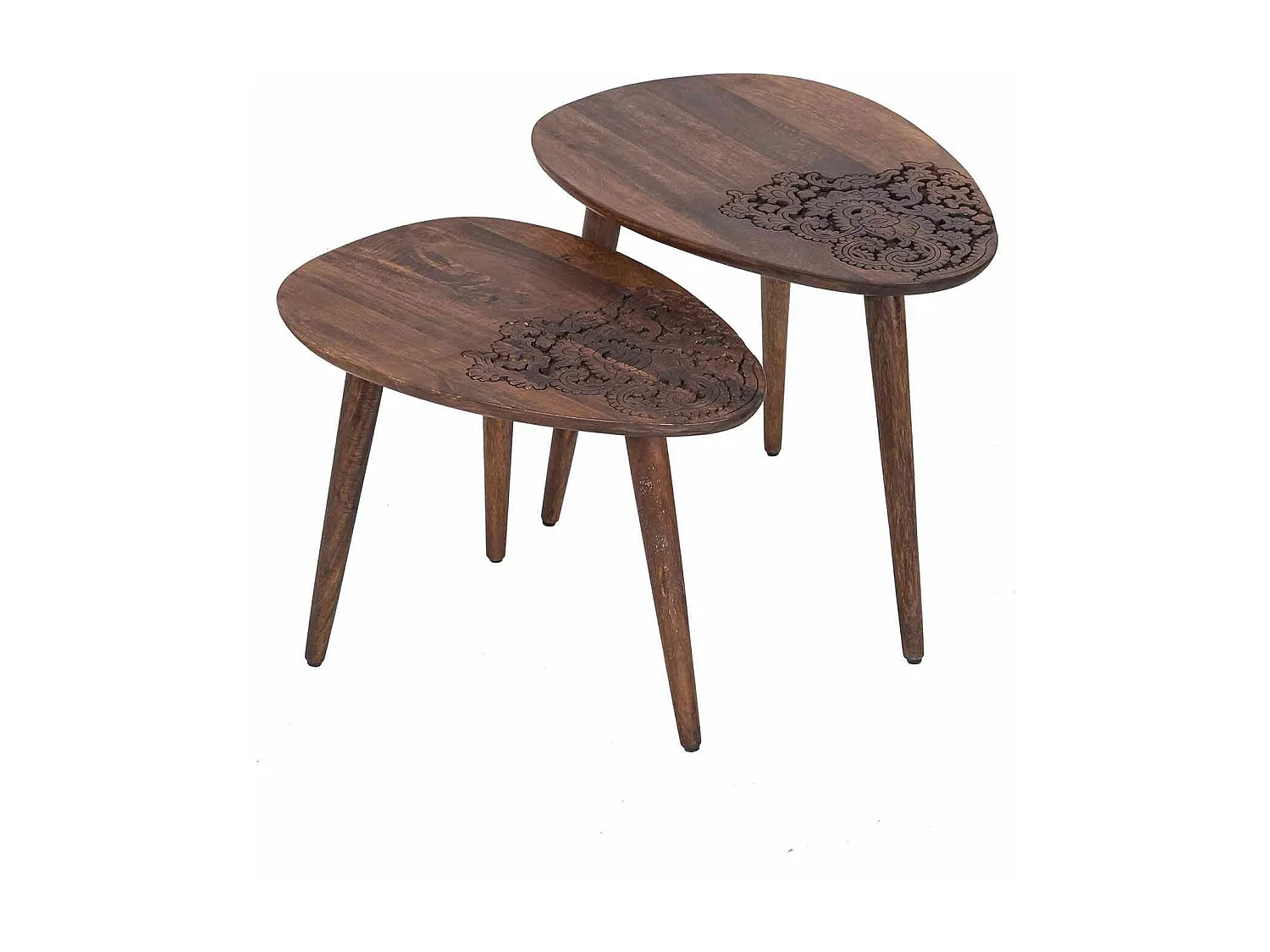 Set 2 tables d'appoint plateau sculpté bois massif | Acacia Adir